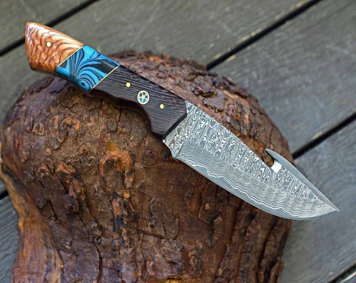 PrimalEdge Damascus Gut Hook Knife with Wenge Wood & Turquoise Handle - Image 2