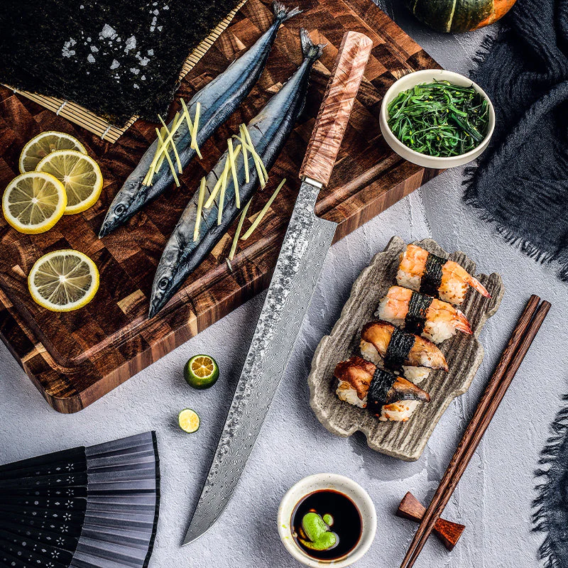 Prime Custom Japanese Slicer Knife with Exotic Olive Wood Burl Handle - Image 3