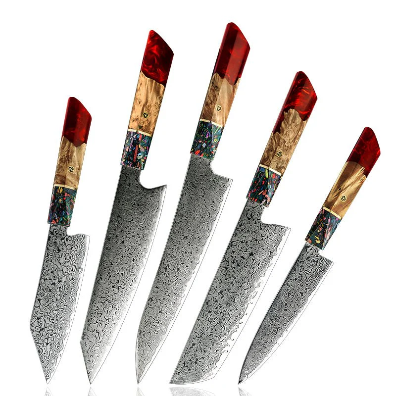 Pristine Japanese Chef Knife Set with VG-10 Damascus Steel Exotic Stabilized Olive Wood Handle & Sheath - Image 3