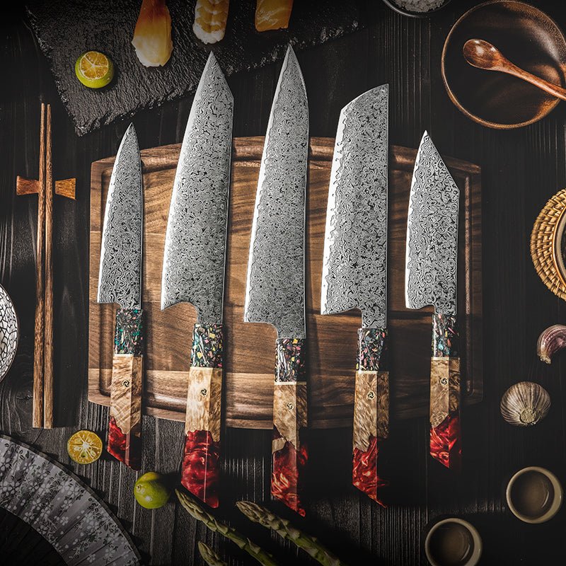 Pristine Japanese Chef Knife Set with VG-10 Damascus Steel Exotic Stabilized Olive Wood Handle & Sheath - Image 4