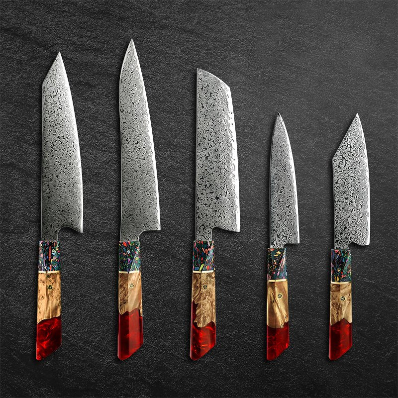 Pristine Japanese Chef Knife Set with VG-10 Damascus Steel Exotic Stabilized Olive Wood Handle & Sheath - Image 5