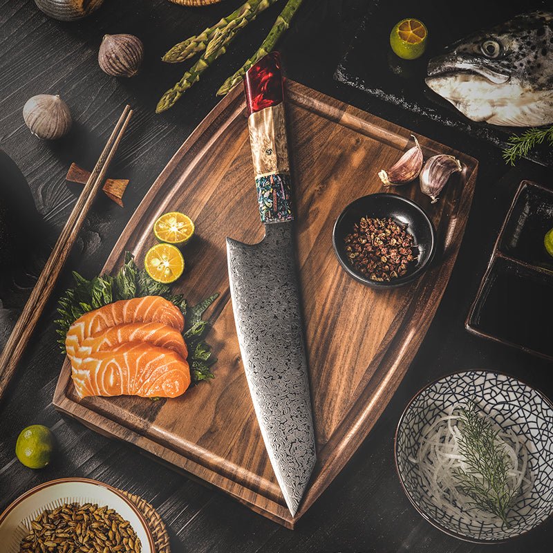 Pristine Japanese Chef Knife Set with VG-10 Damascus Steel Exotic Stabilized Olive Wood Handle & Sheath - Image 6