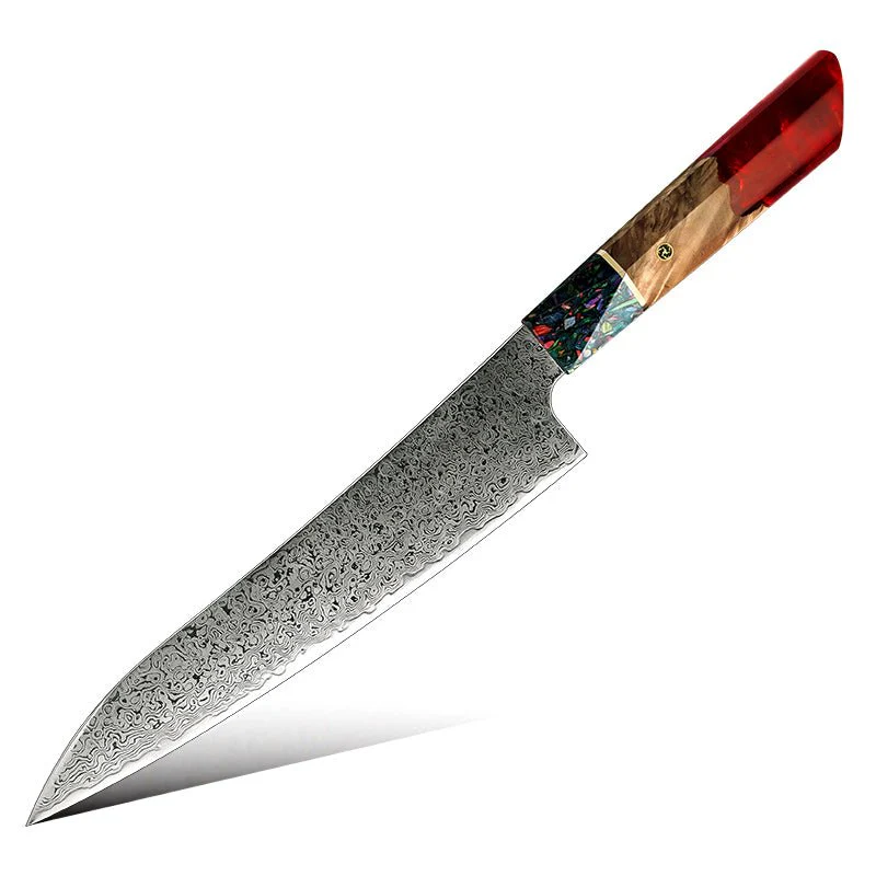 Pristine Japanese Chef Knife Set with VG-10 Damascus Steel Exotic Stabilized Olive Wood Handle & Sheath - Image 7