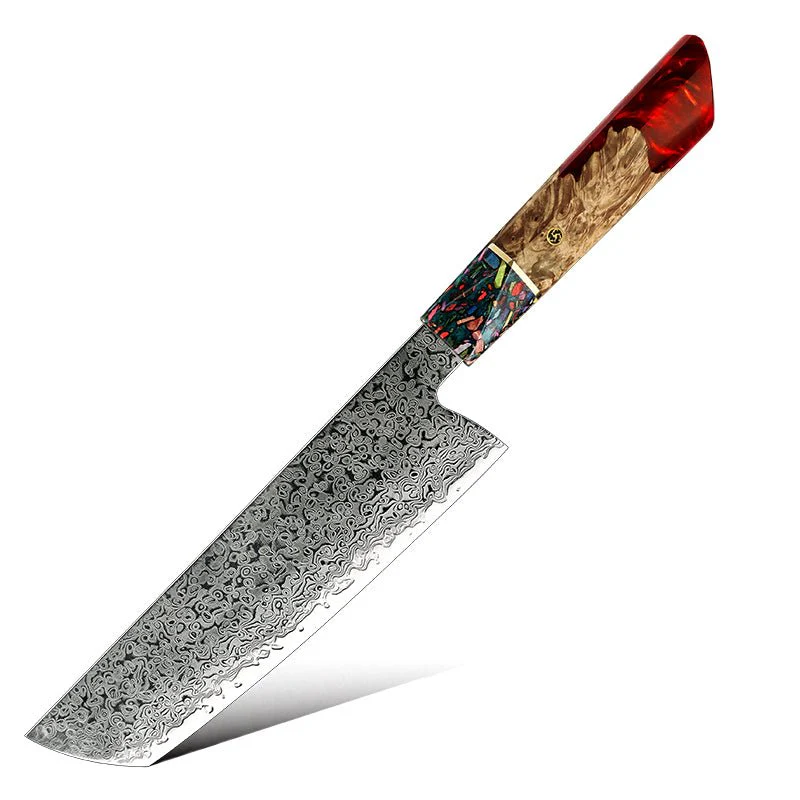 Pristine Japanese Chef Knife Set with VG-10 Damascus Steel Exotic Stabilized Olive Wood Handle & Sheath - Image 9