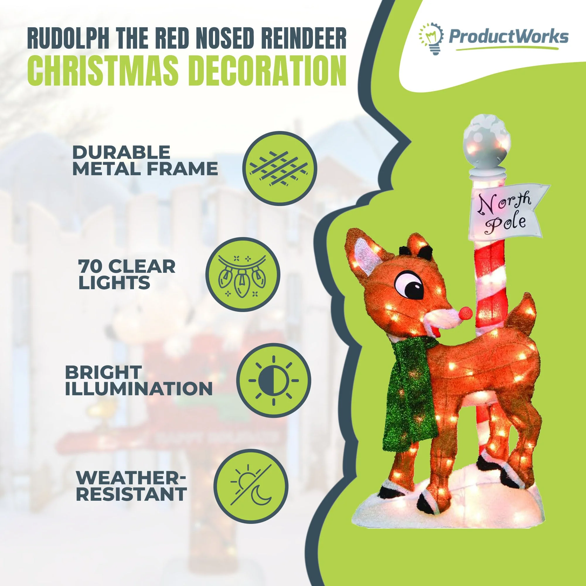 ProductWorks 32" Rudolph the Red Nosed Reindeer Pre-Lit Christmas Yard Decor - Image 2