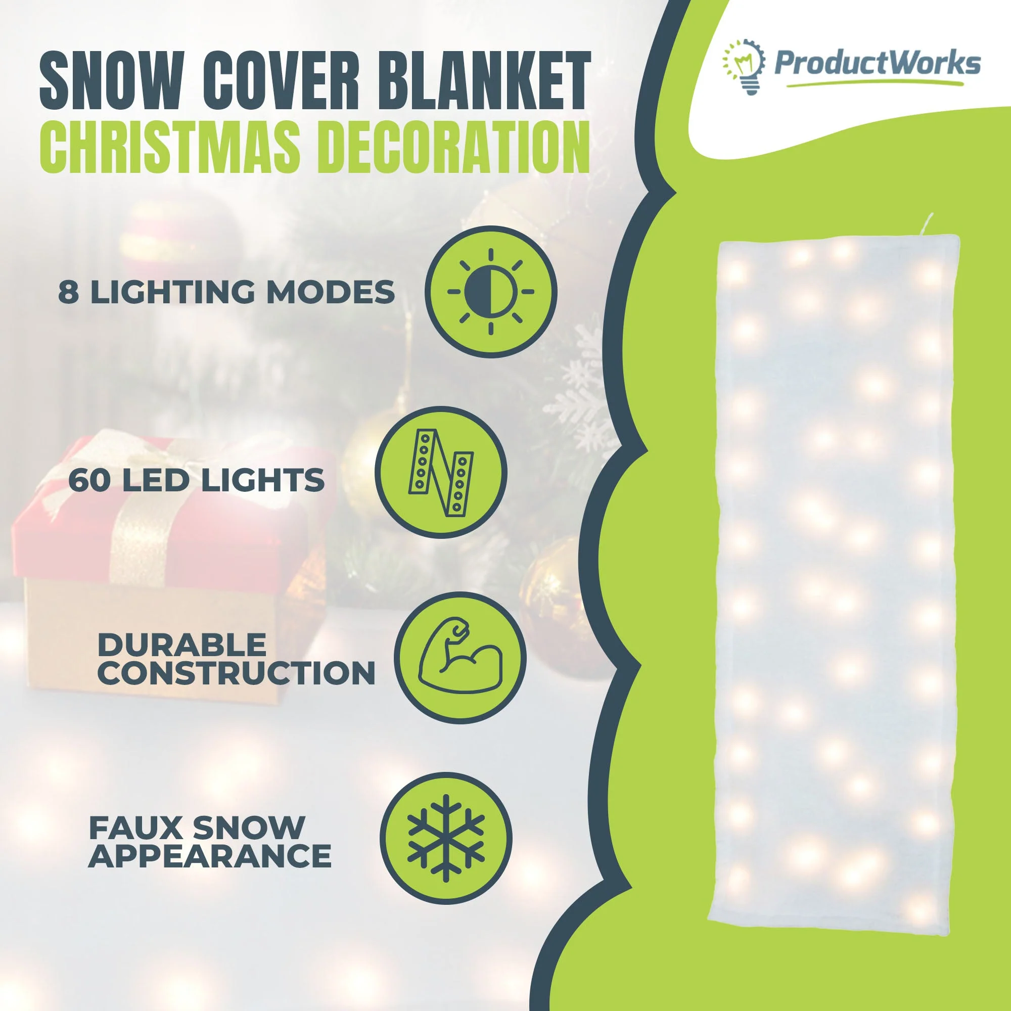 ProductWorks Pre-Lit Snow Cover Blanket 8 Function Holiday Decoration, 60" x 15" - Image 2