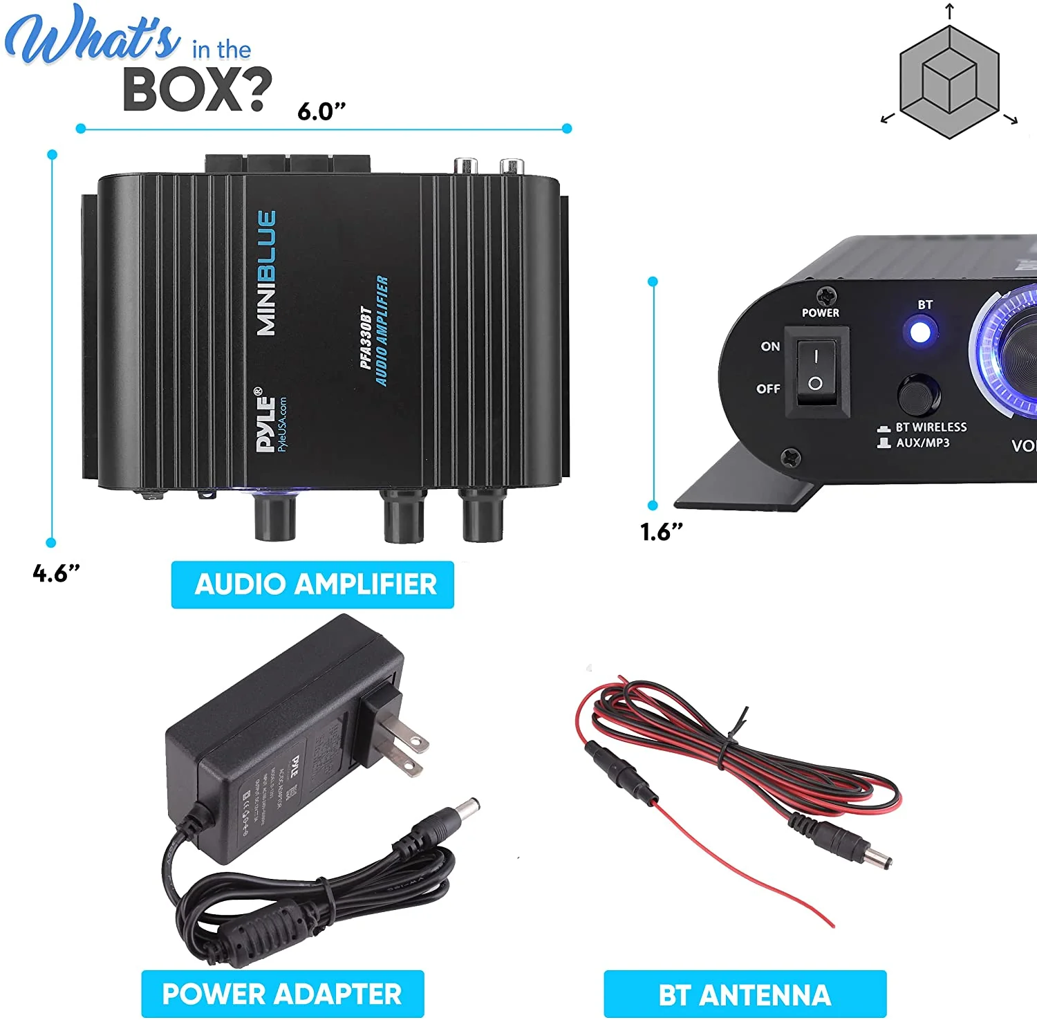 Pyle 90 Watt 8 Ohm Bluetooth Mini Blue Compact Home Studio Class T Amplifier - Image 6