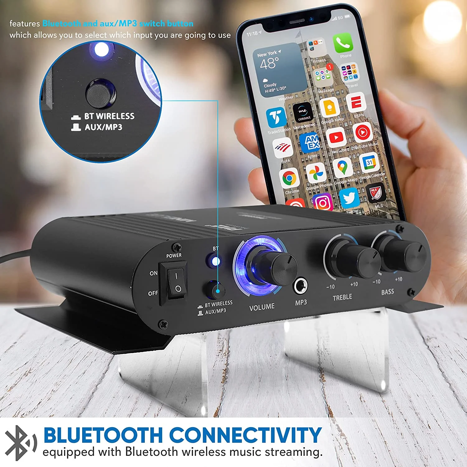 Pyle 90 Watt 8 Ohm Bluetooth Mini Blue Compact Home Studio Class T Amplifier - Image 8