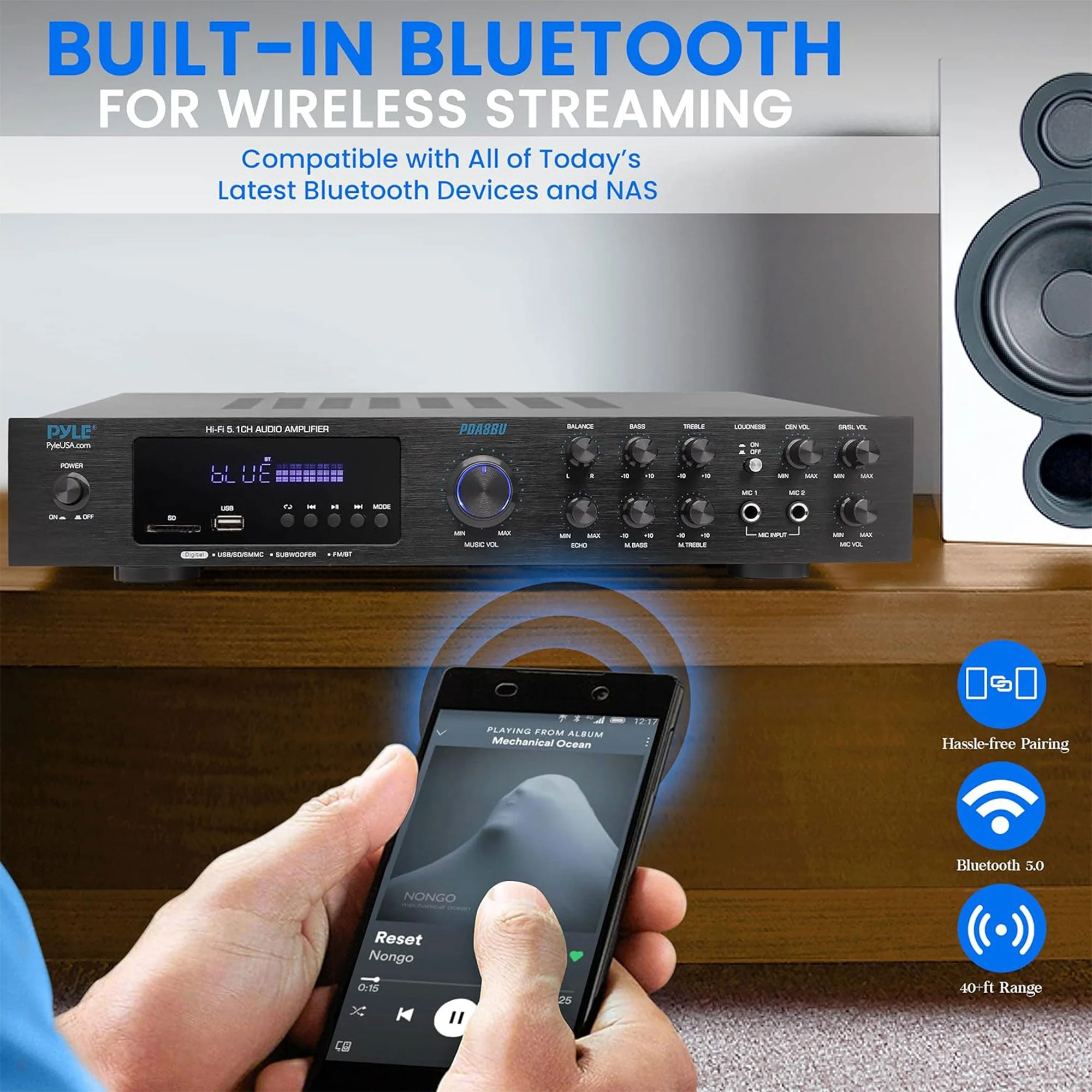 Pyle Home Audio Theater Amplifier with Bluetooth and Stereo Amplifier, Black - Image 9