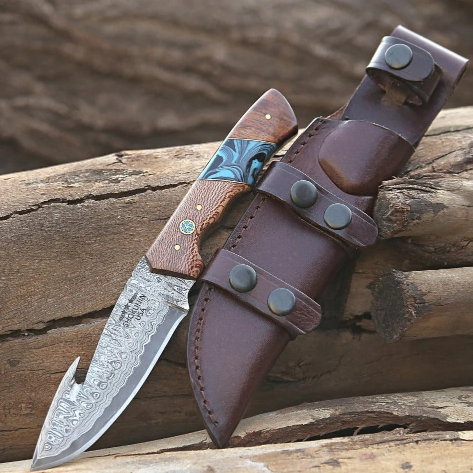Python Damascus Gut Hook Knife with Leopard Wood