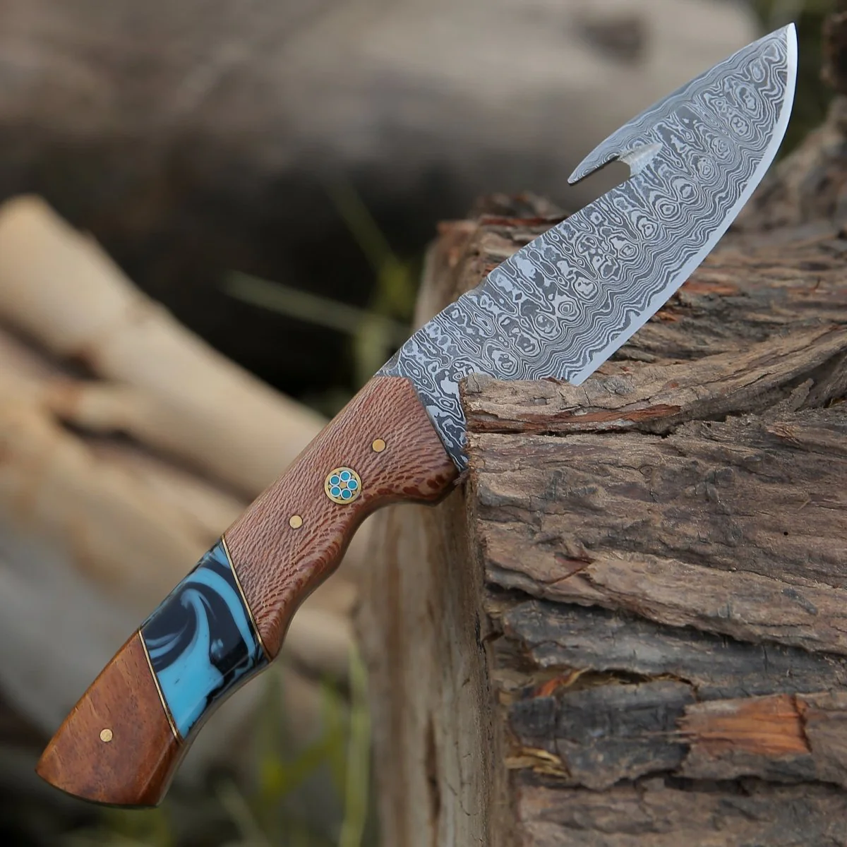 Python Damascus Gut Hook Knife with Leopard Wood - Image 4