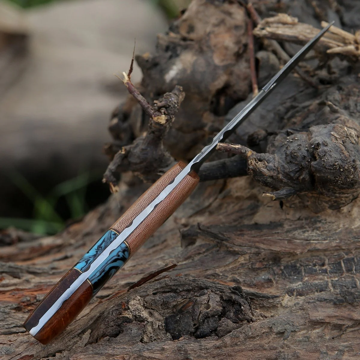 Python Damascus Gut Hook Knife with Leopard Wood - Image 5