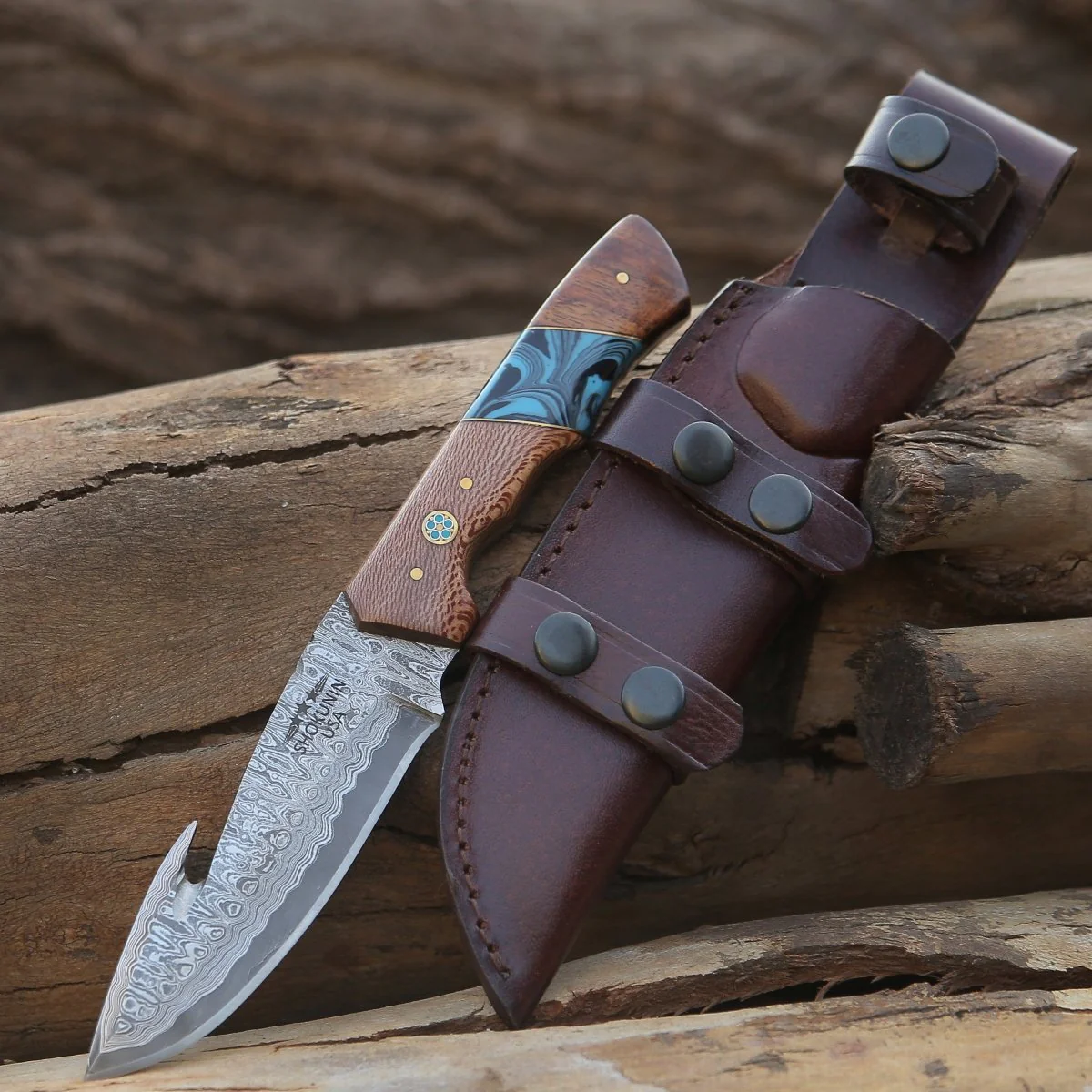 Python Damascus Gut Hook Knife with Leopard Wood - Image 6