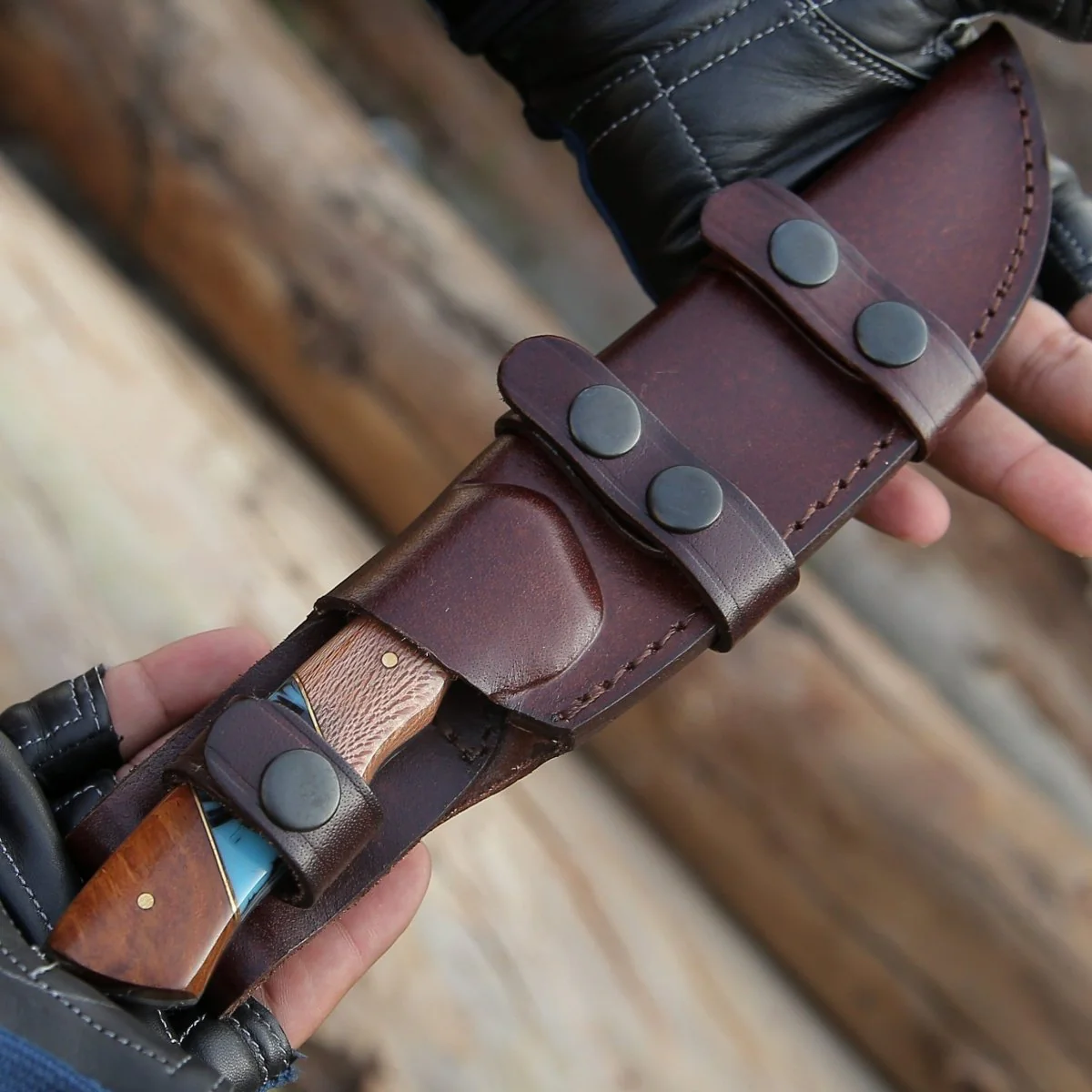 Python Damascus Gut Hook Knife with Leopard Wood - Image 7