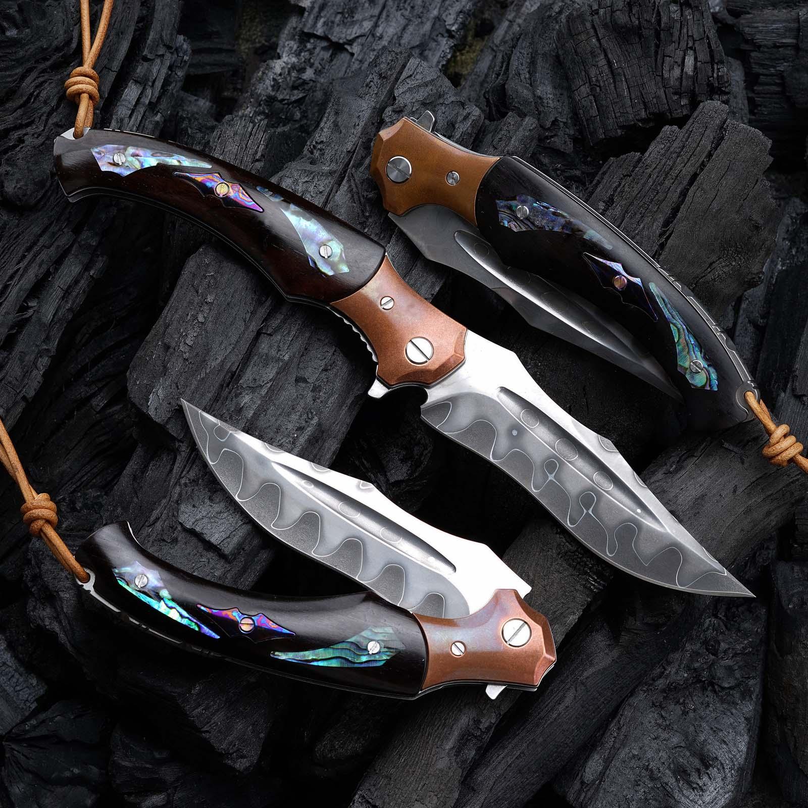 Quest Damascus Pocket Knife with Ebony Wood, Timascus & Abalone Shell Handle - Image 6