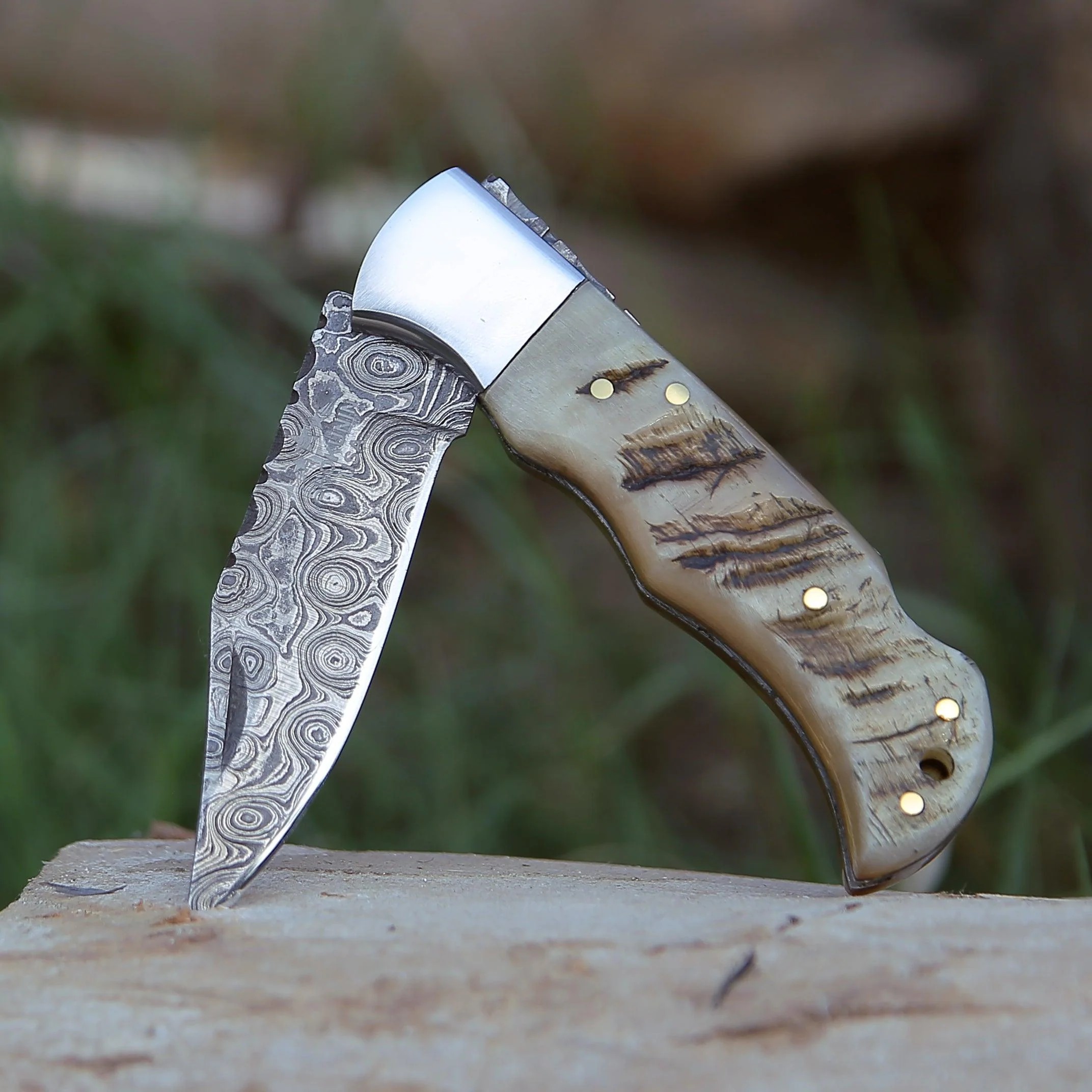 Ram Damascus Pocket Knife with Ram Horn Handle & Sheath