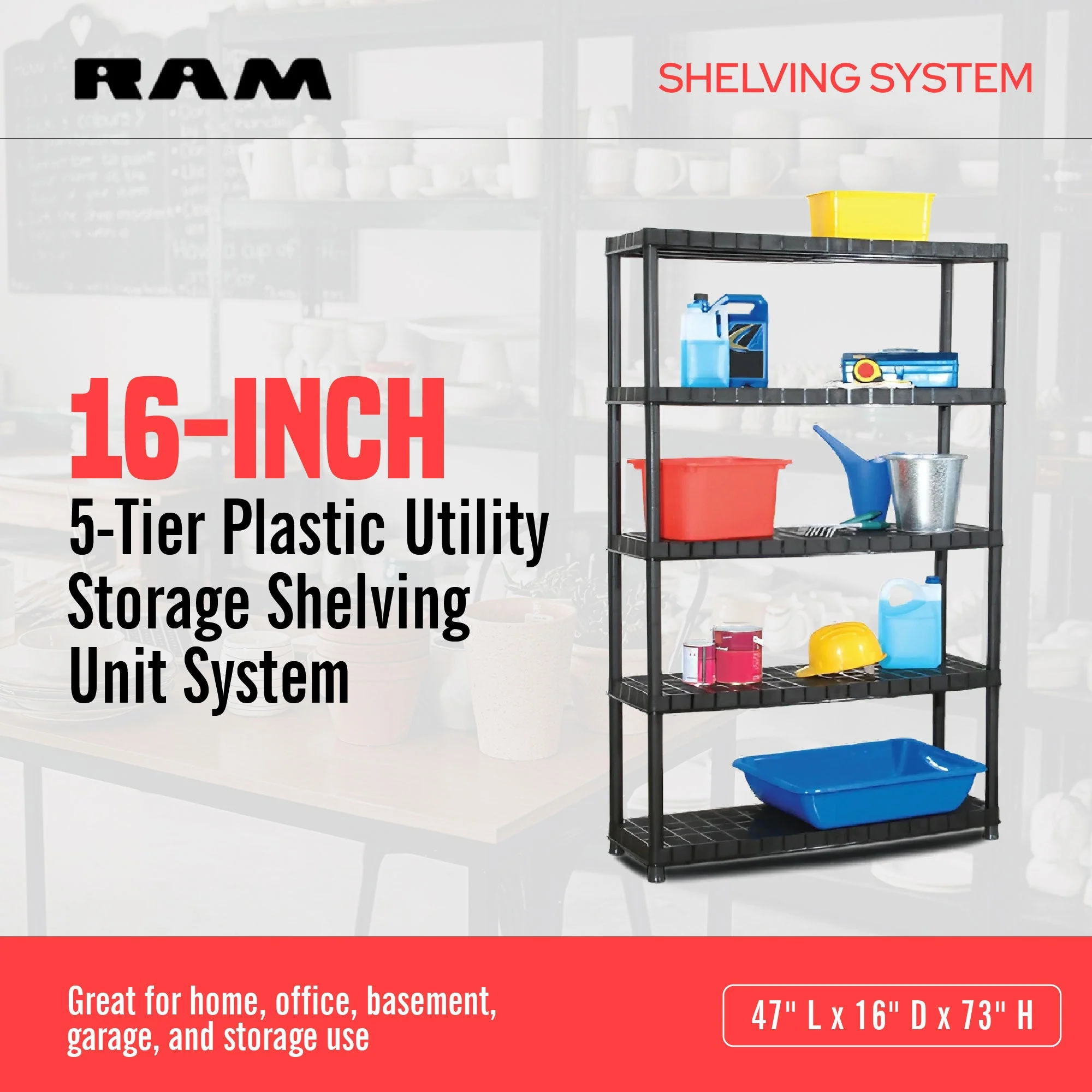 Ram Quality Products Extra 5 Tier Plastic Storage Shelf Unit for Garage, Black - Image 2