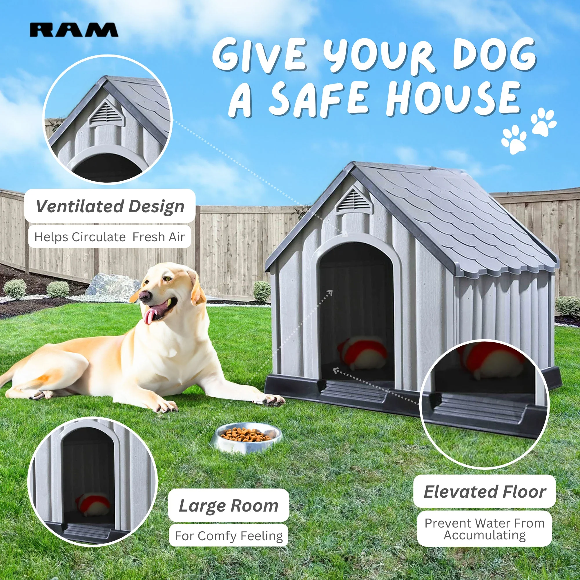 Ram Quality Products Outdoor Pet House Large Waterproof Dog Kennel Shelter, Gray - Image 2