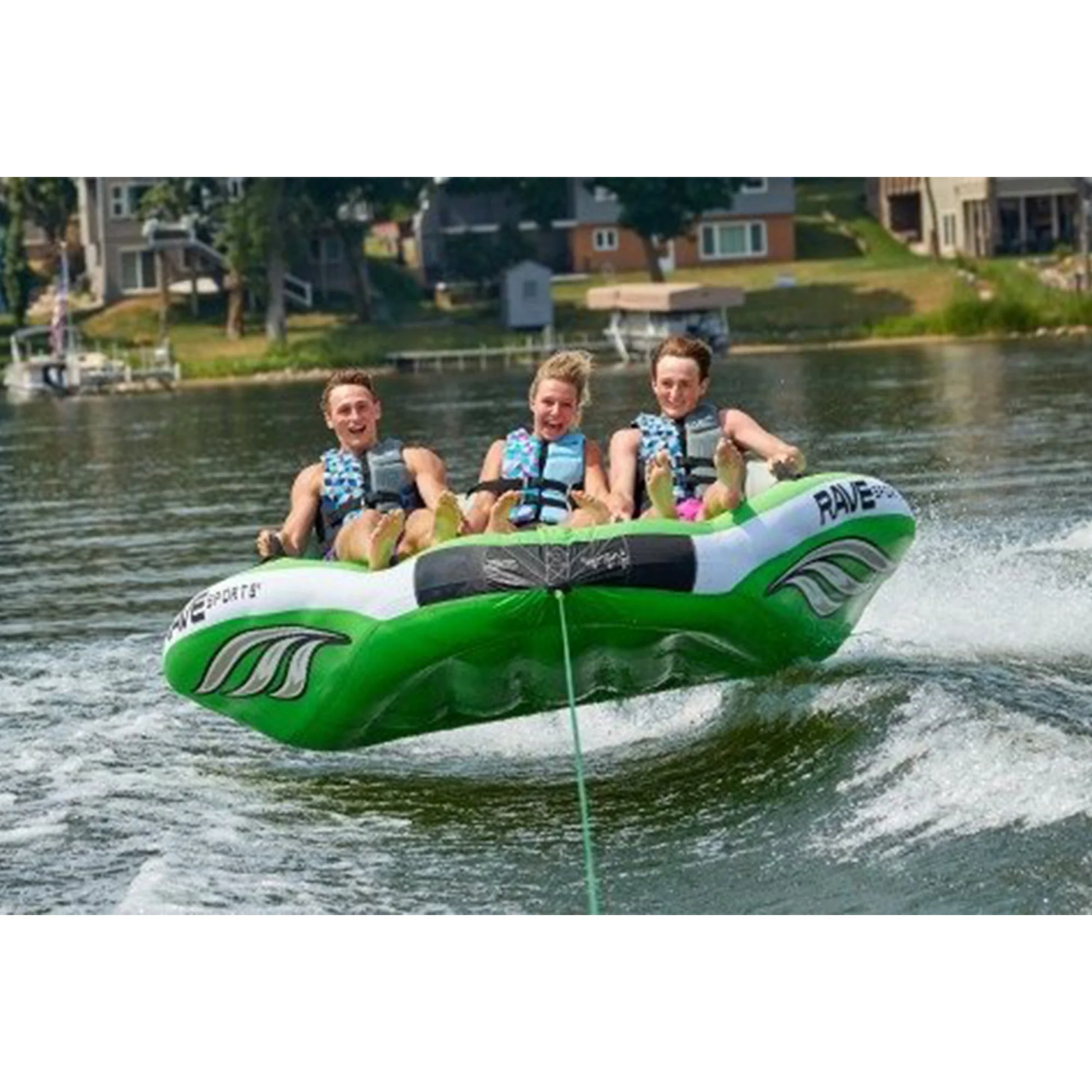 RAVE Sports 3 Person Inflatable Wake Hawk Towable Boating Water Tube Raft, Green - Image 4