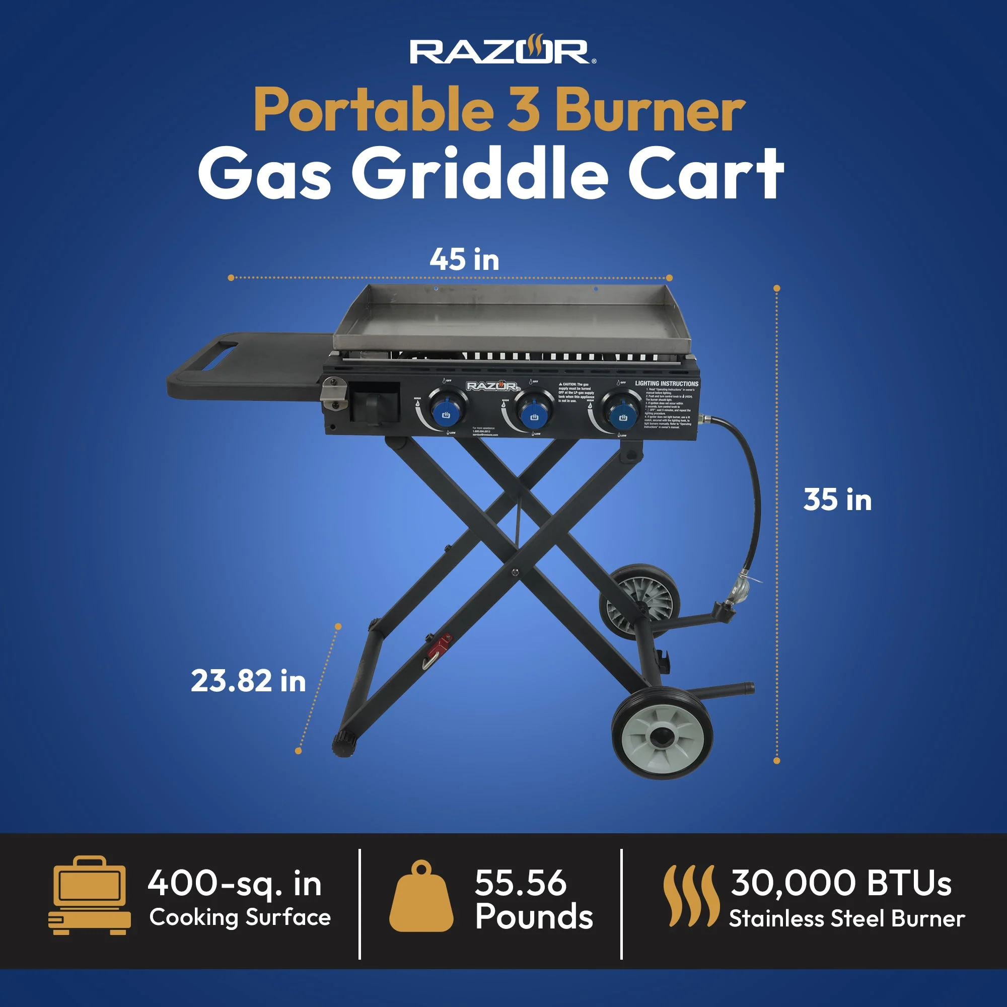 Razor Griddle Portable 3 Burner 30K BTU Gas Grill & Griddle Cart with Side Shelf - Image 3