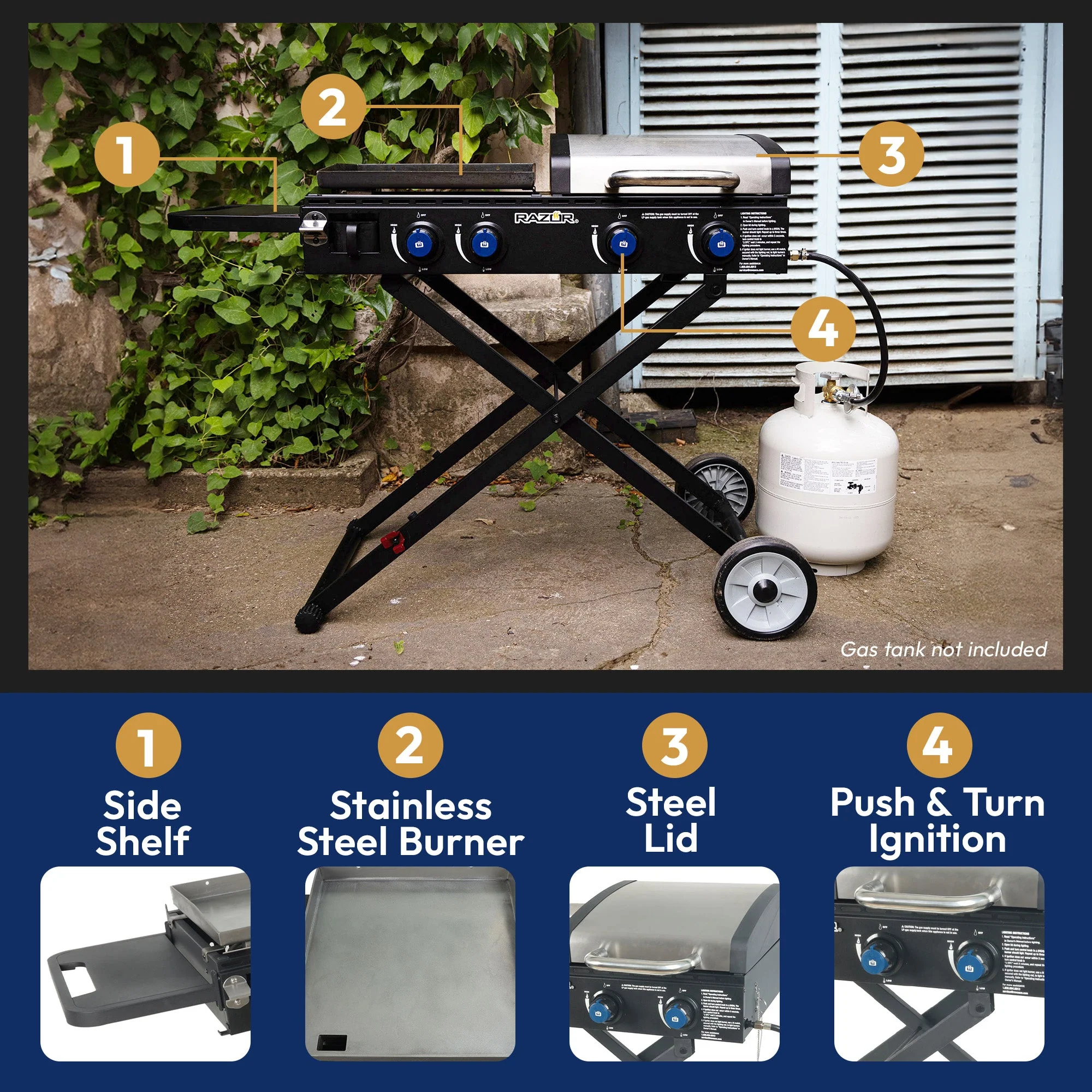 Razor Griddle Portable 4 Burner 40,000 BTU Gas Grill and Griddle Cart with Lid - Image 2
