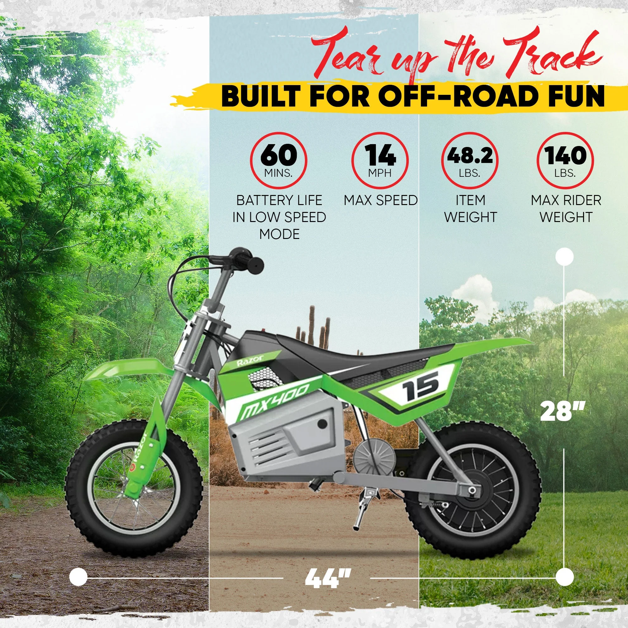 Razor MX400 Dirt Rocket 24V Electric Toy Motocross Motorcycle Dirt Bike, Green - Image 3