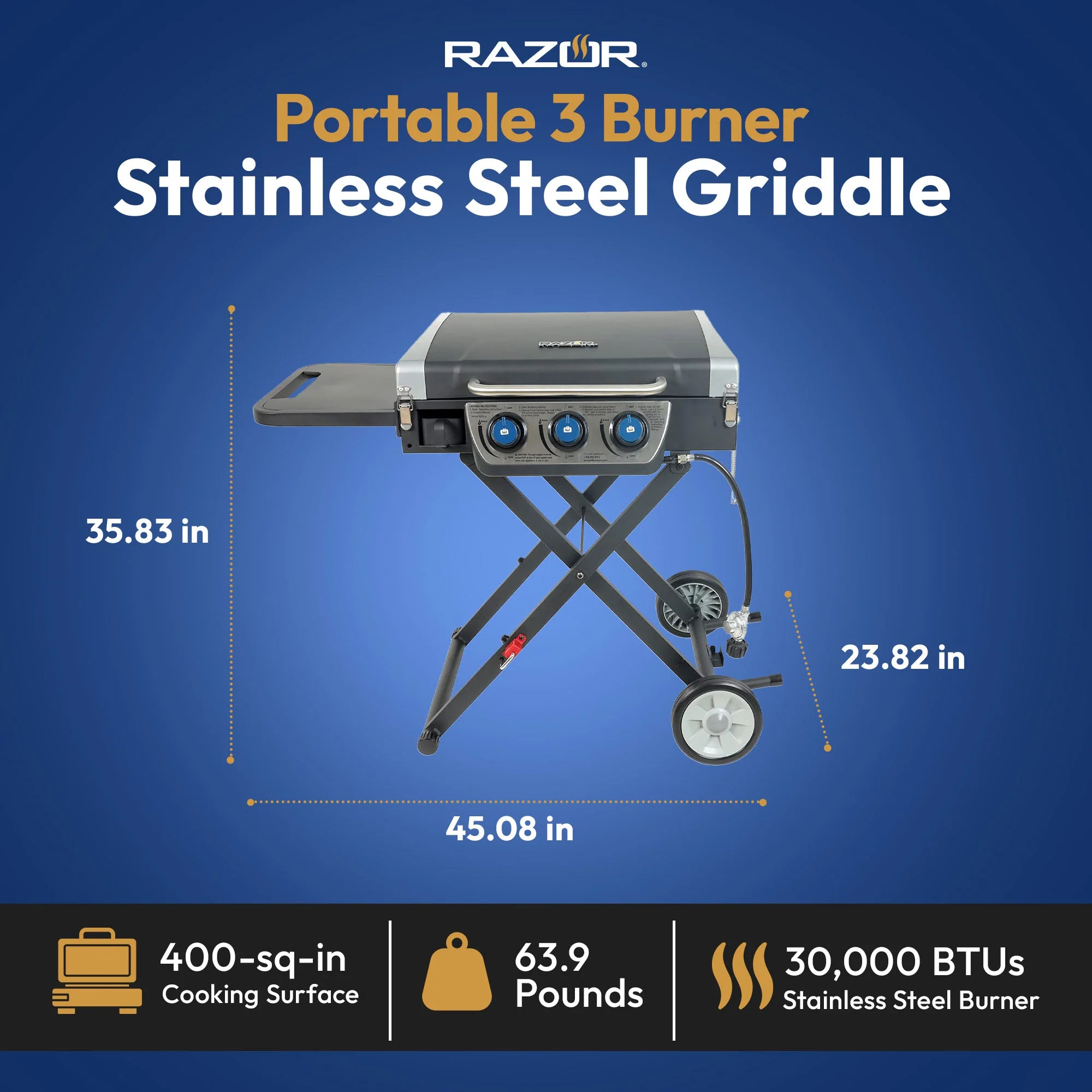Razor Stainless Steel 3 Burner Griddle Grill with Portable Cart and Side Shelf - Image 2