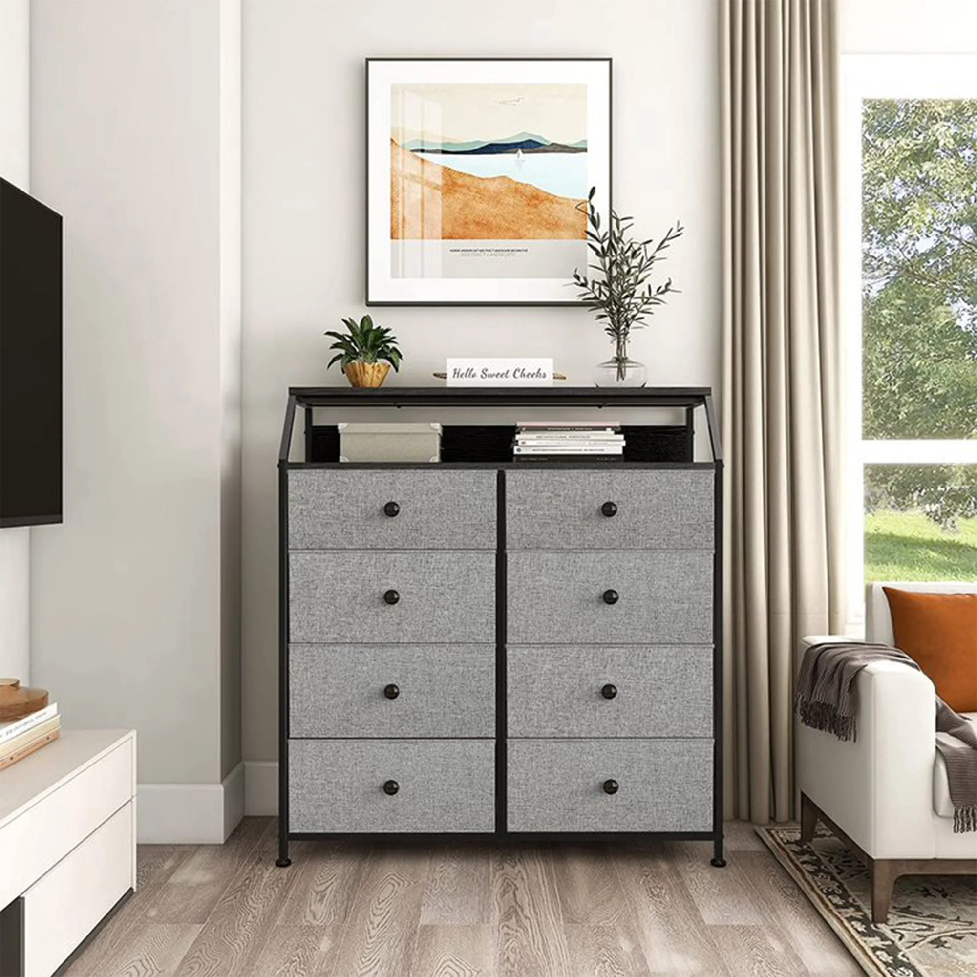 REAHOME 8 Drawer Wood Top Storage Dresser w/ 2 Drawer Organizers, Light Grey - Image 11