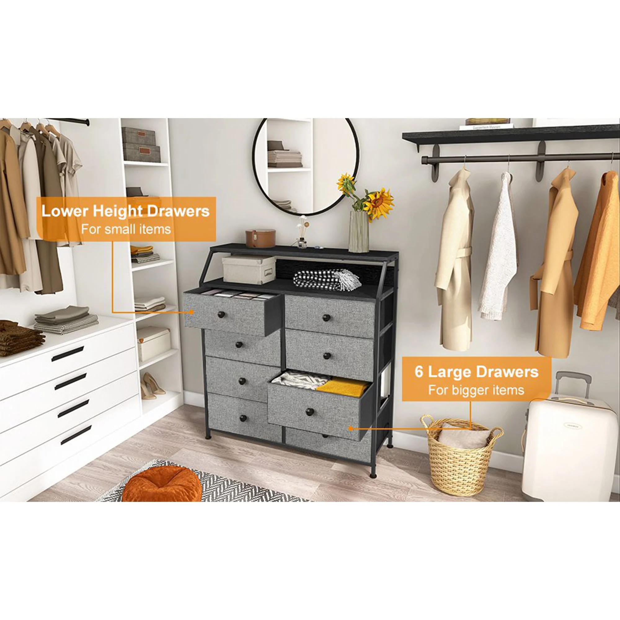 REAHOME 8 Drawer Wood Top Storage Dresser w/ 2 Drawer Organizers, Light Grey - Image 8