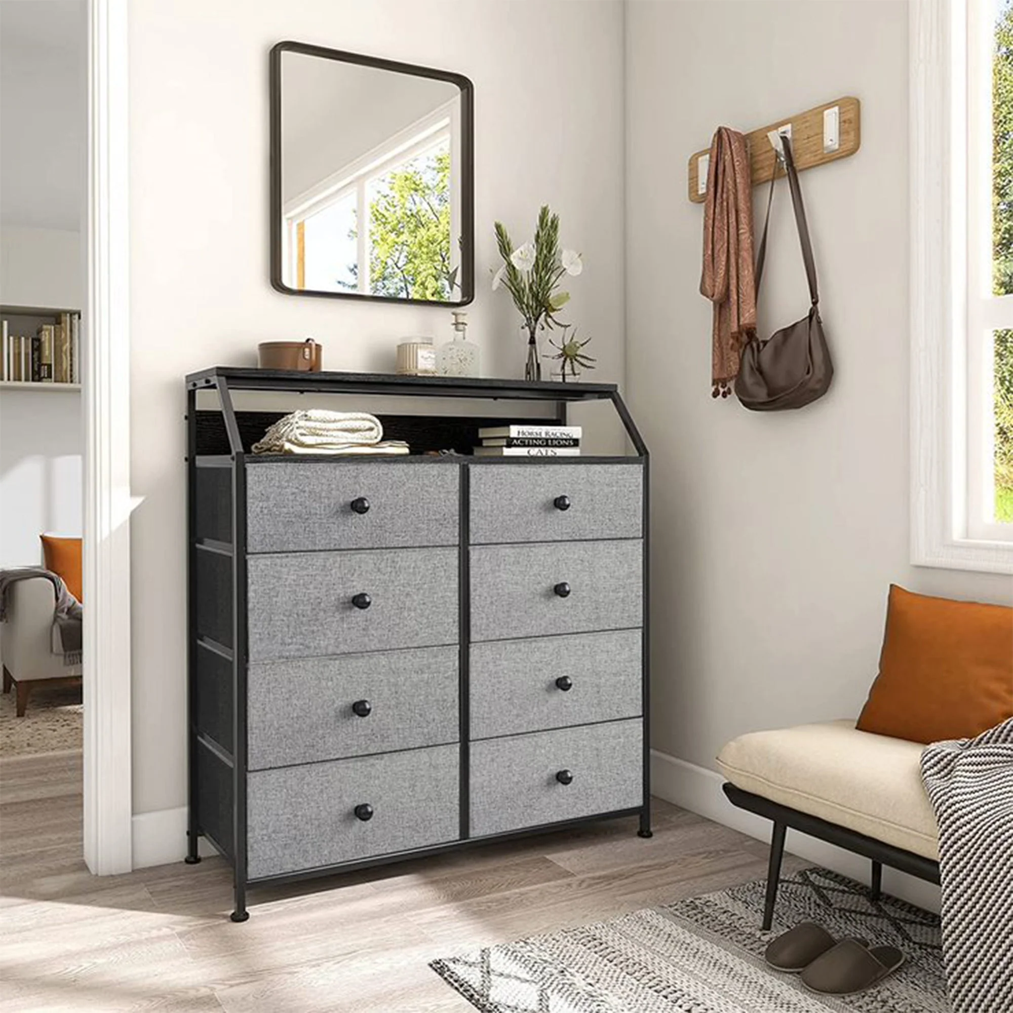 REAHOME 8 Drawer Wood Top Storage Dresser w/ 2 Drawer Organizers, Light Grey - Image 9