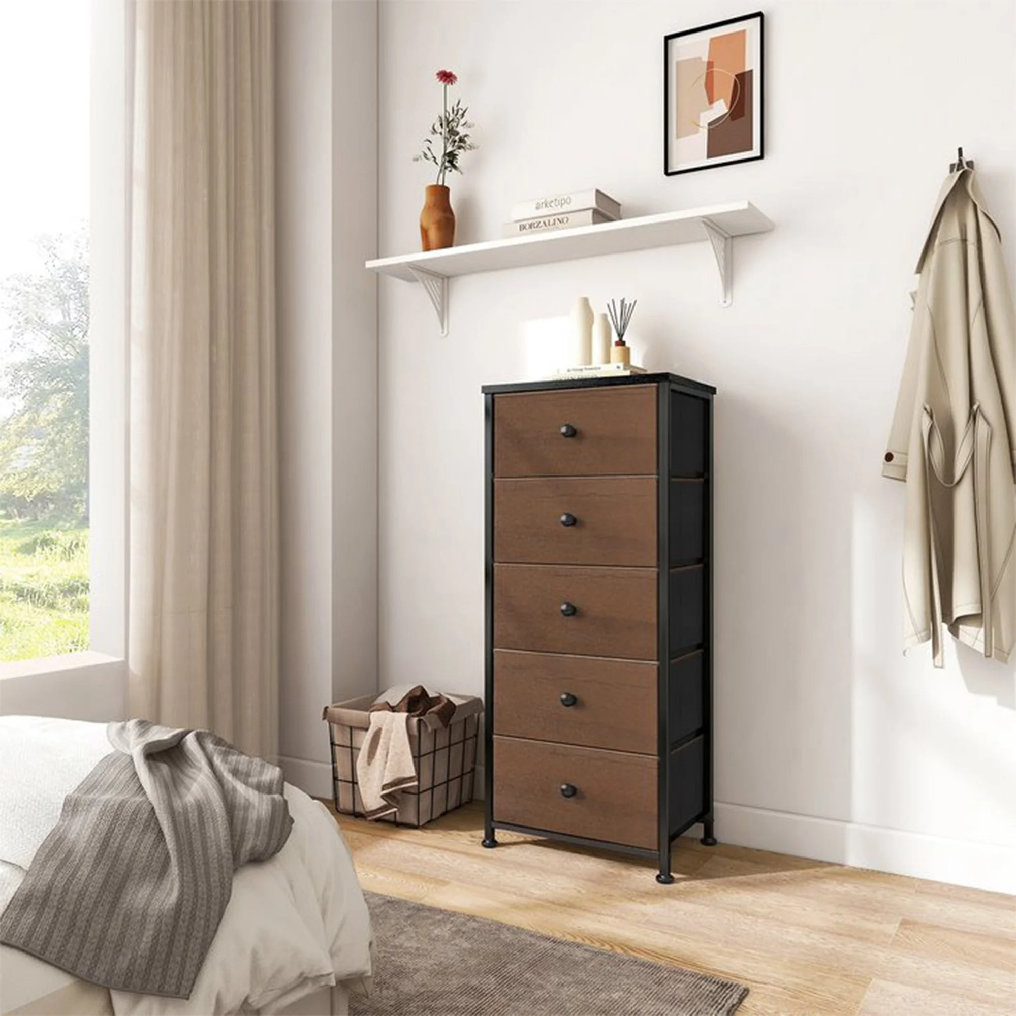 REAHOME Vertical Narrow Metal Tower Dresser w/ 5 Fabric Drawer Bins, Espresso - Image 7