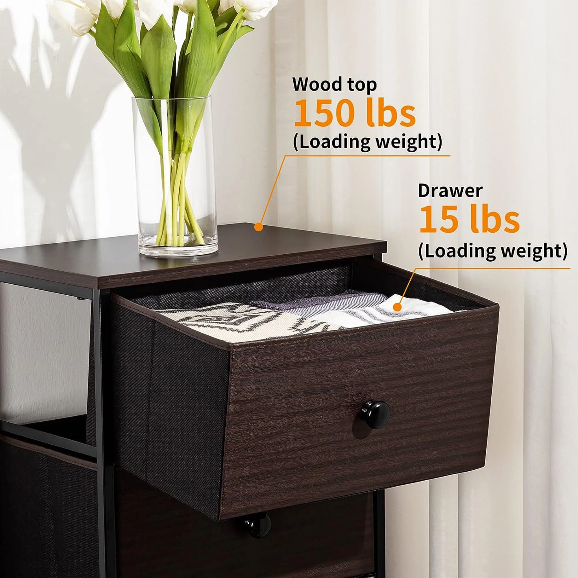 REAHOME Vertical Narrow Metal Tower Dresser w/5 Fabric Drawer Bins, Rustic Brown - Image 10