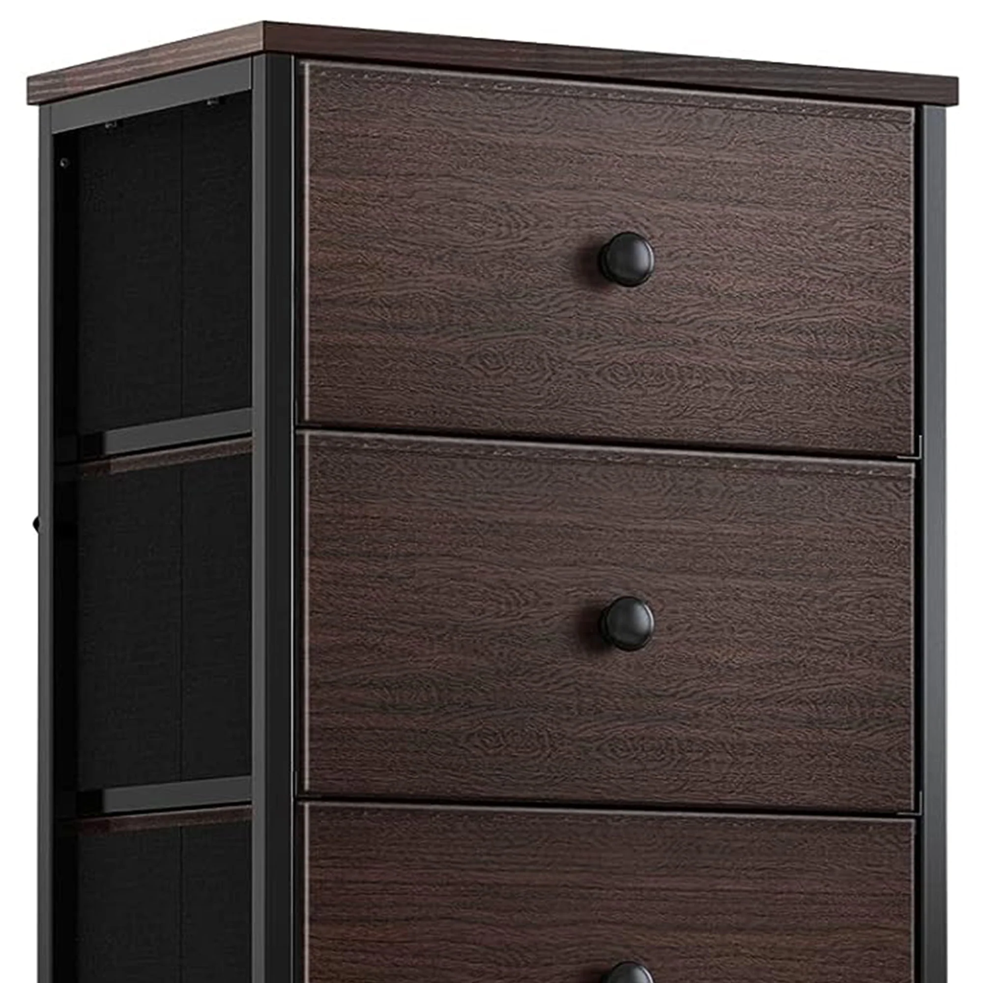 REAHOME Vertical Narrow Metal Tower Dresser w/5 Fabric Drawer Bins, Rustic Brown - Image 3