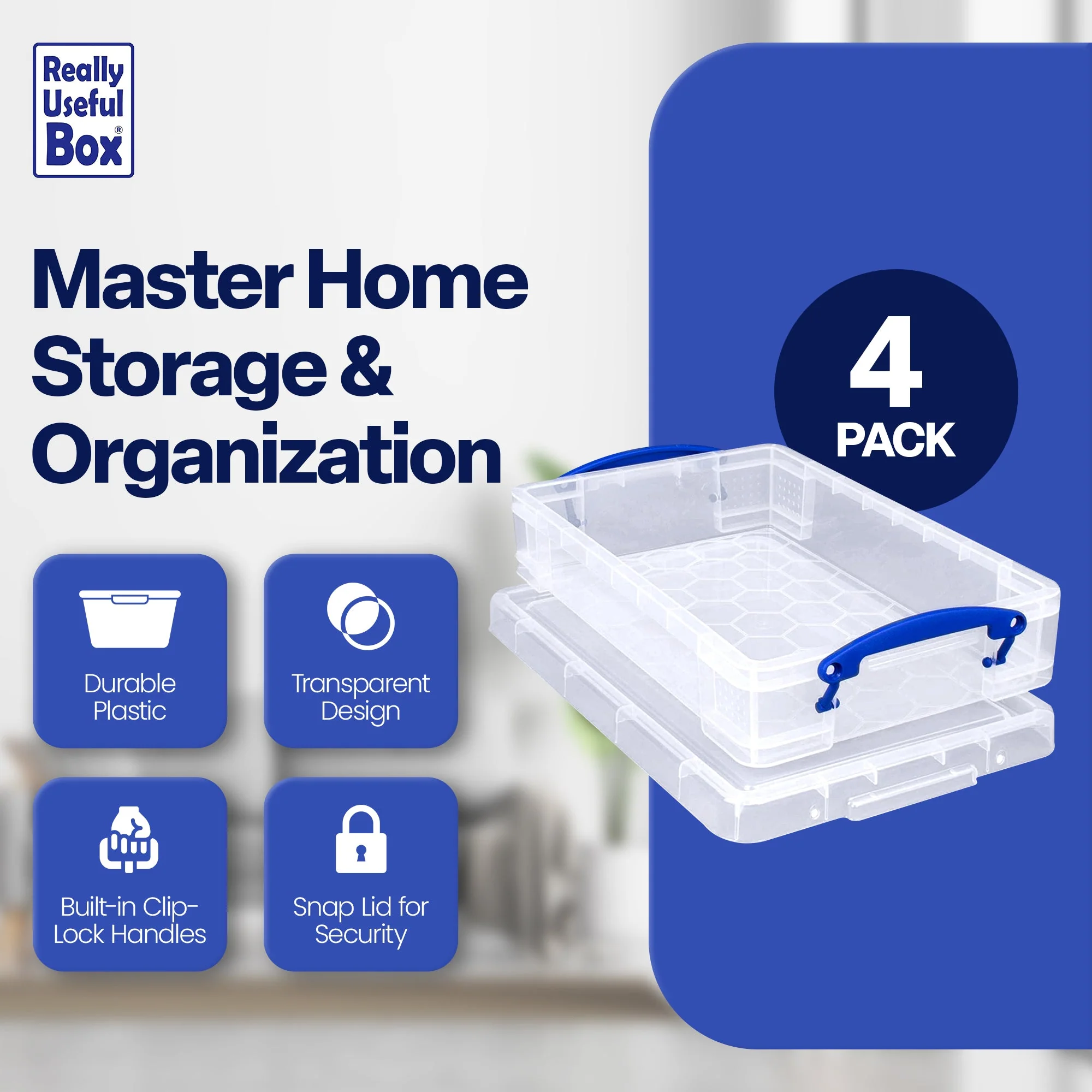 Really Useful Box 4L Storage Container with Lid and Clip Lock Handles, (4 Pack) - Image 2