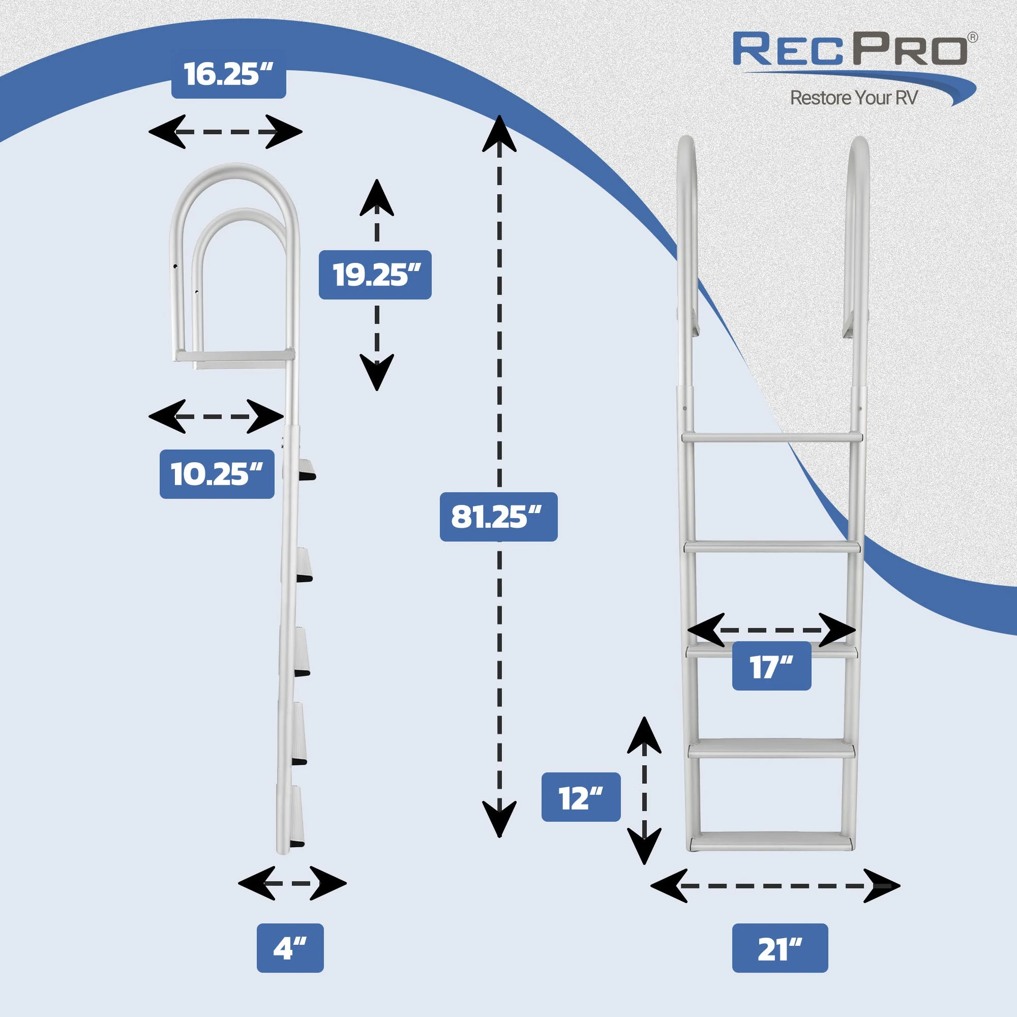 RecPro 5 Step Aluminum Marine Grade Dock and Pier Stationary Ladder, Silver - Image 3