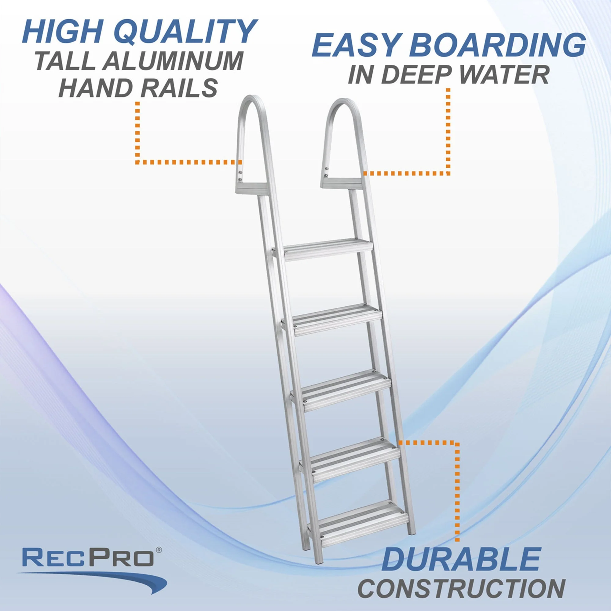 RecPro 5 Step Angled Aluminum Pontoon Dock and Boat Boarding Ladder, Silver - Image 4