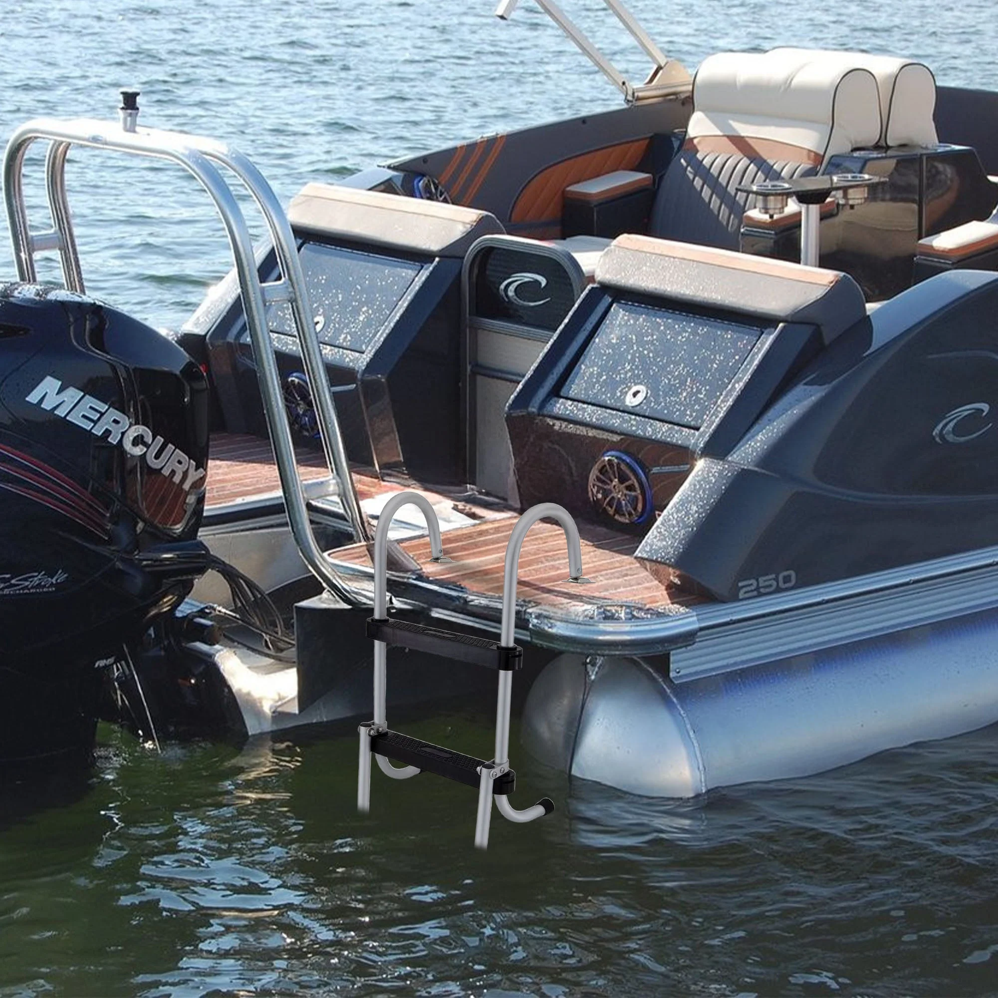 RecPro Compact Space Saving Aluminum 4-Step Pontoon Boat Ladder w/Plastic Steps - Image 5