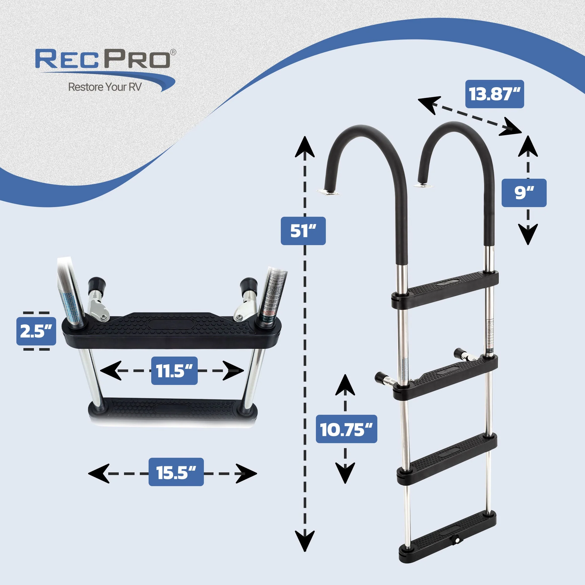 RecPro Compact Stainless Steel Heavy Duty 4 Step Pontoon Boat Boarding Ladder - Image 3