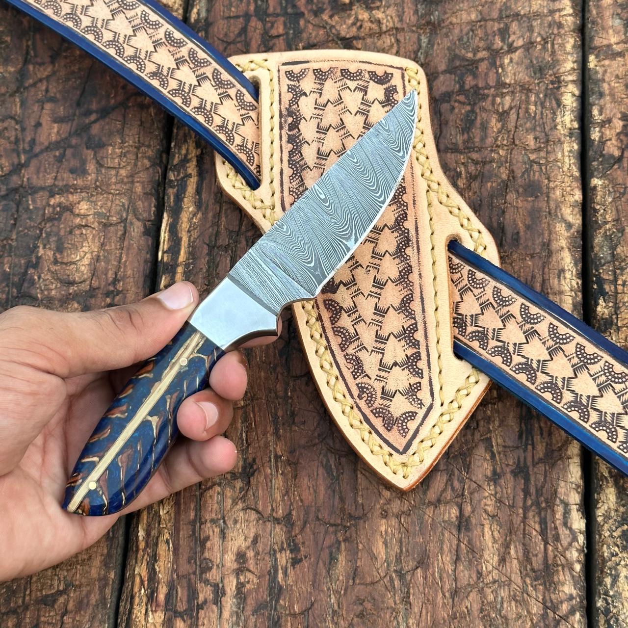 Rio Grande Damascus Skinner Knife with Handtooled Sheath & Belt - Image 3
