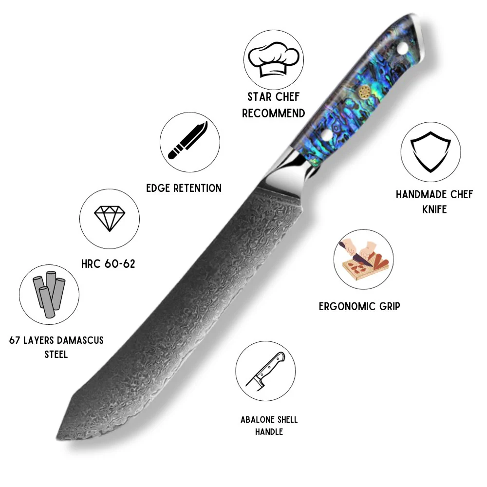 Ronin VG10 9" Chef Knife Damascus Steel Knife with Abalone Shell Handle - Image 3