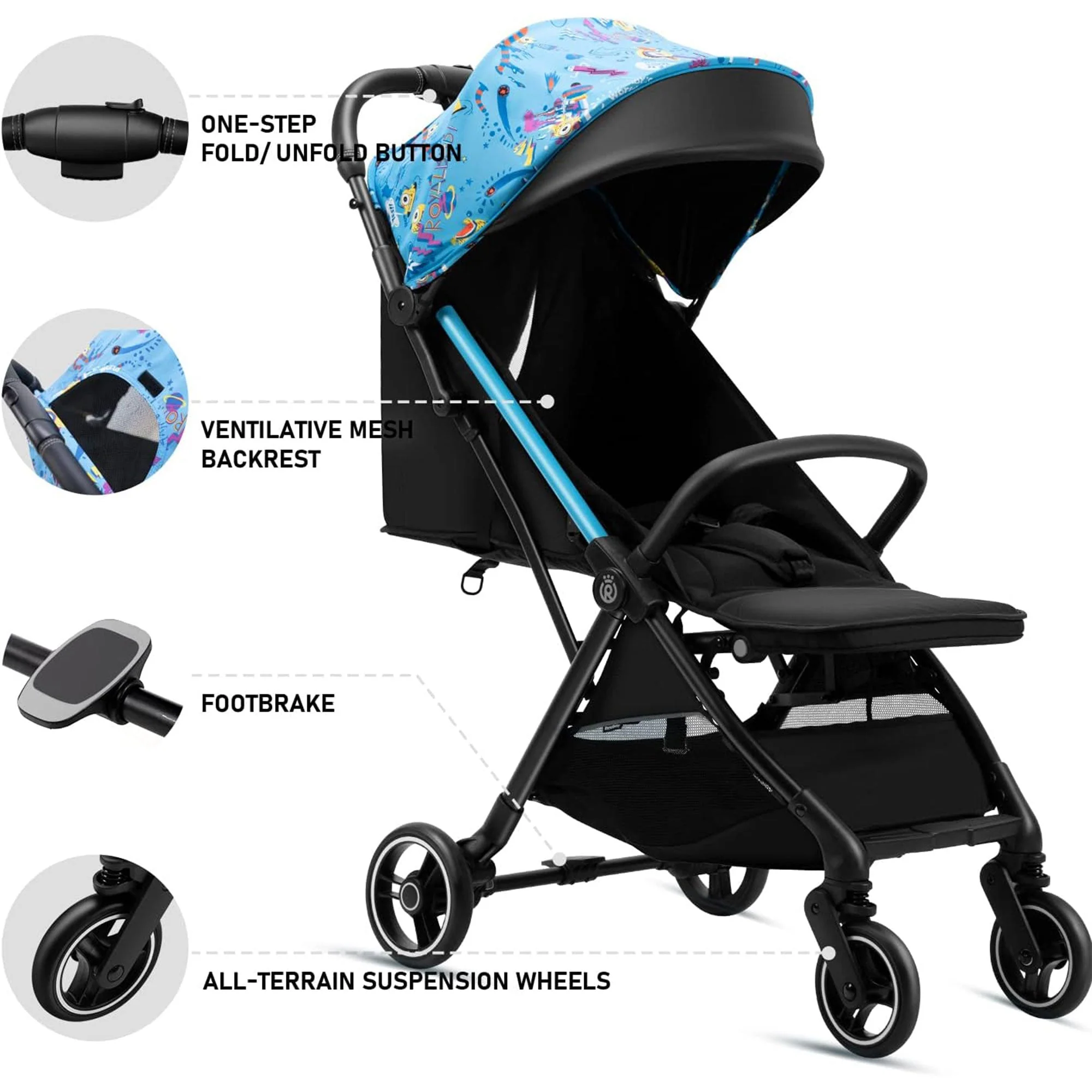 RoyalBaby 360 Classic Seat Compact Fold Portable Travel Stroller, Black/Blue - Image 7