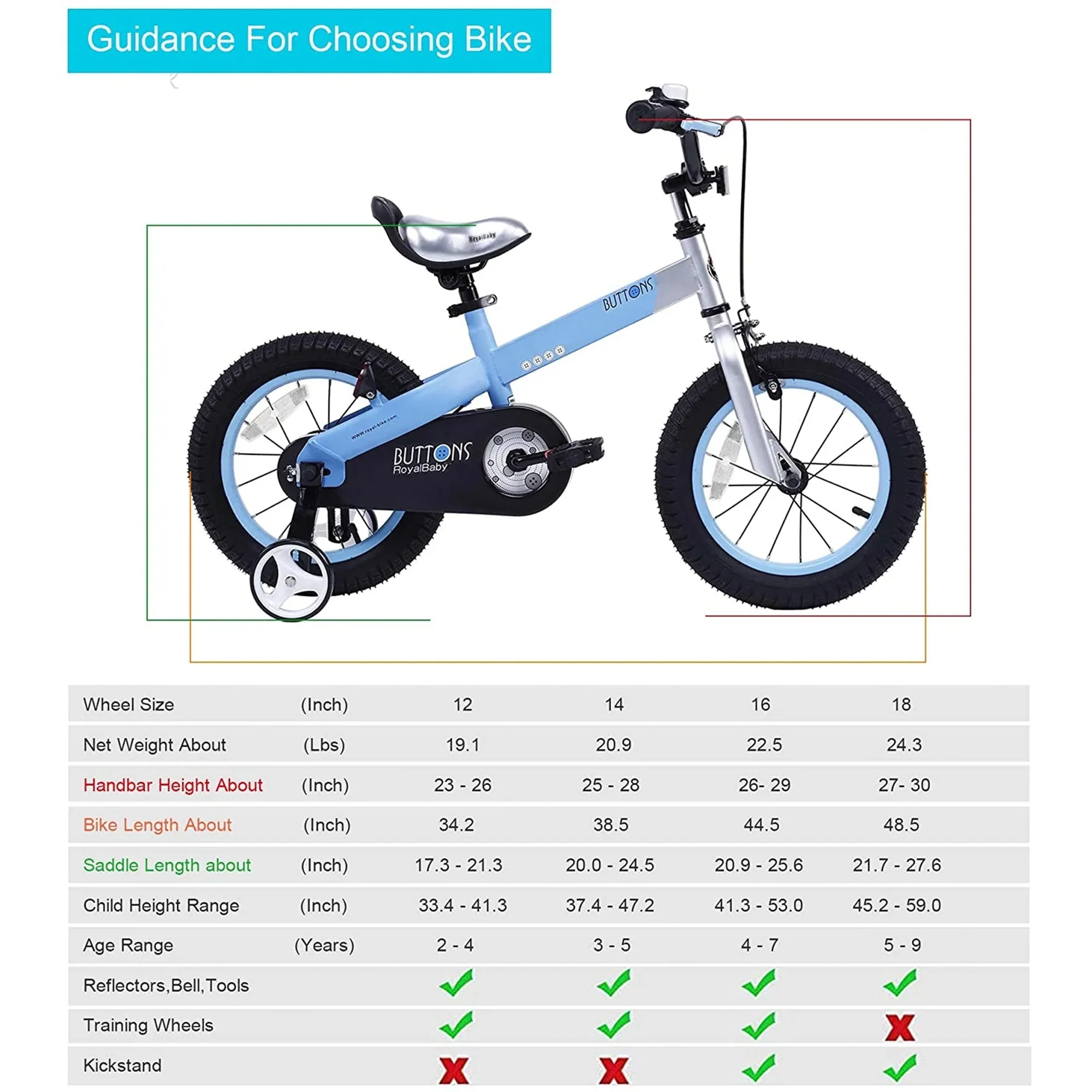 RoyalBaby Buttons 16'' Kids Bike with Kickstand & Training Wheels, Matte Blue - Image 6