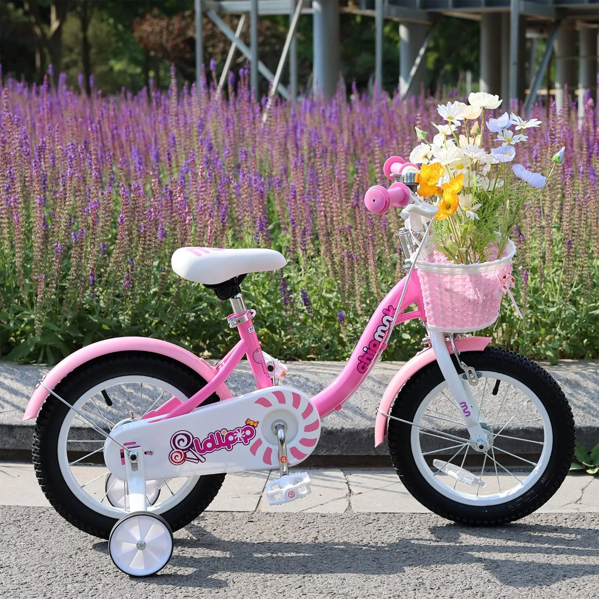 RoyalBaby Chipmunk 16" Kids Bicycle w/ Basket, Training Wheels & Kickstand, Pink - Image 7