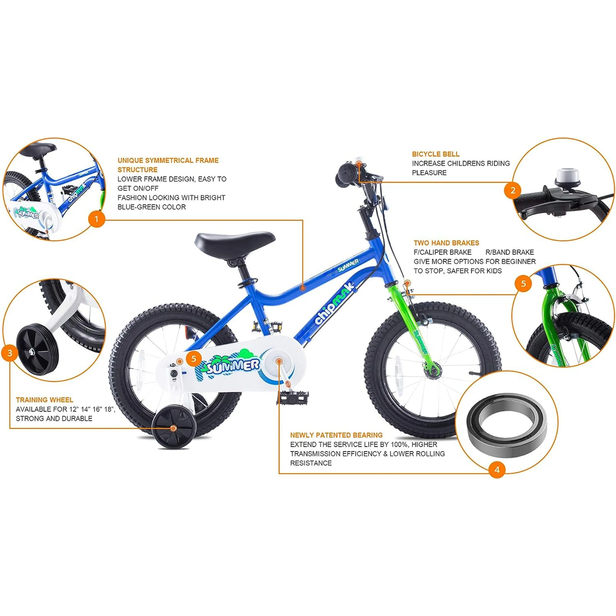 RoyalBaby Chipmunk 16" Kids Bike with Training Wheels, Kickstand & Bell, Blue - Image 7