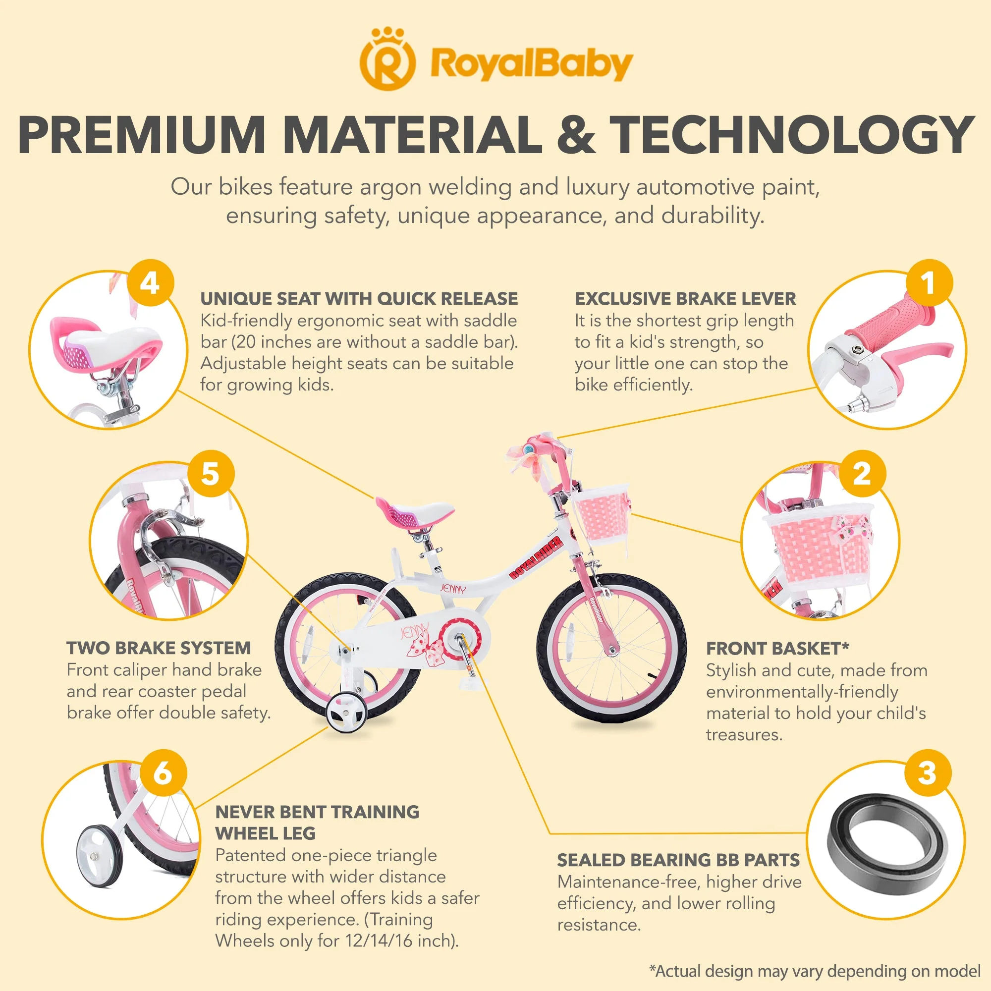 RoyalBaby Princess Girl Bike 16" w/Training Wheels & Kickstand, Jenny/White Pink - Image 9