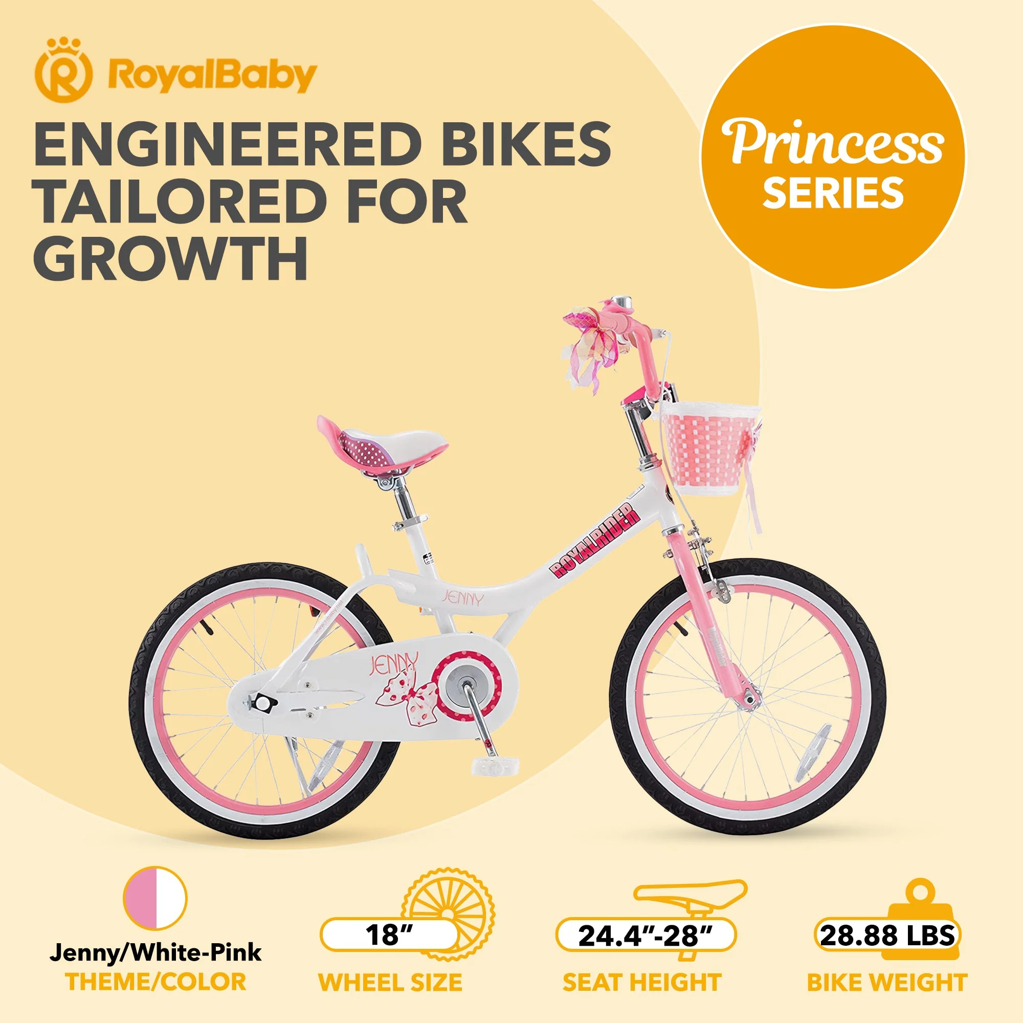 RoyalBaby Princess Girl Kid Outdoor Bicycle 18" with Kickstand, Jenny/White Pink - Image 5
