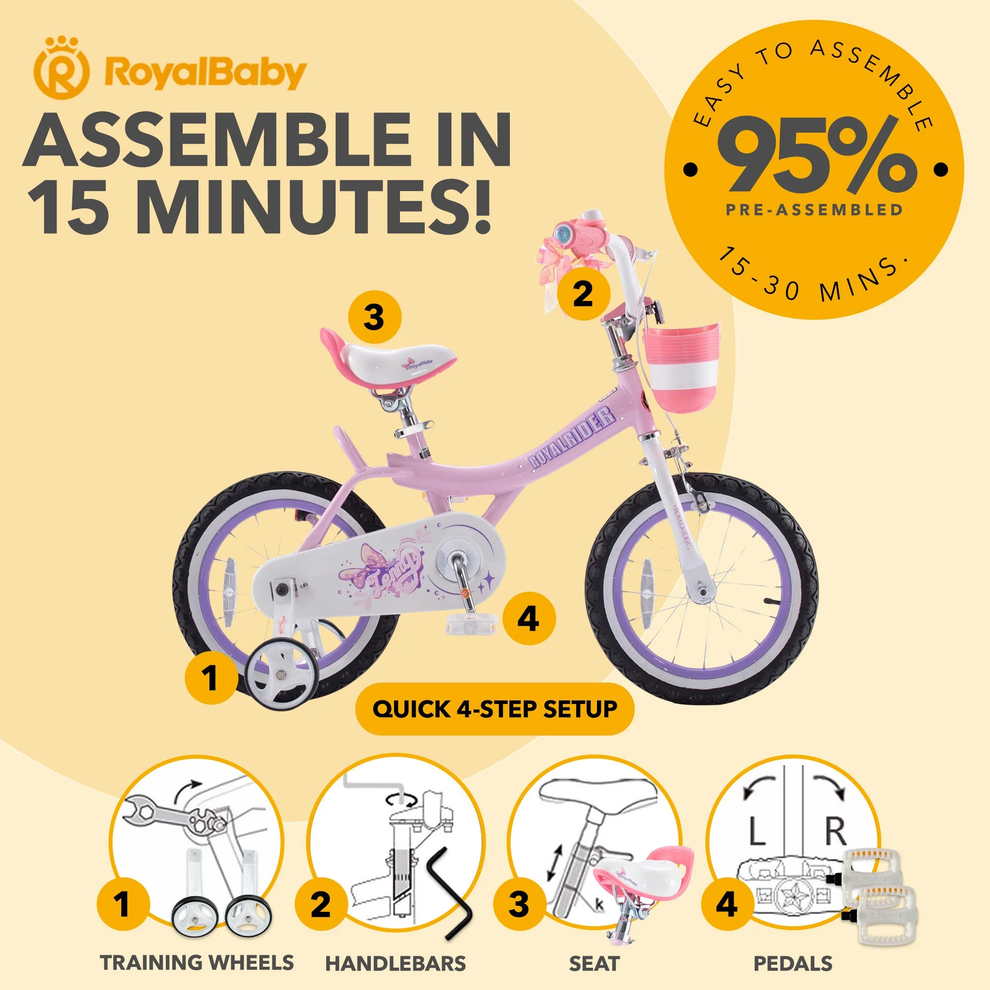 RoyalBaby Princess Girl Kids Bicycle 12" with Training Wheels, Jenny/Light Pink - Image 4