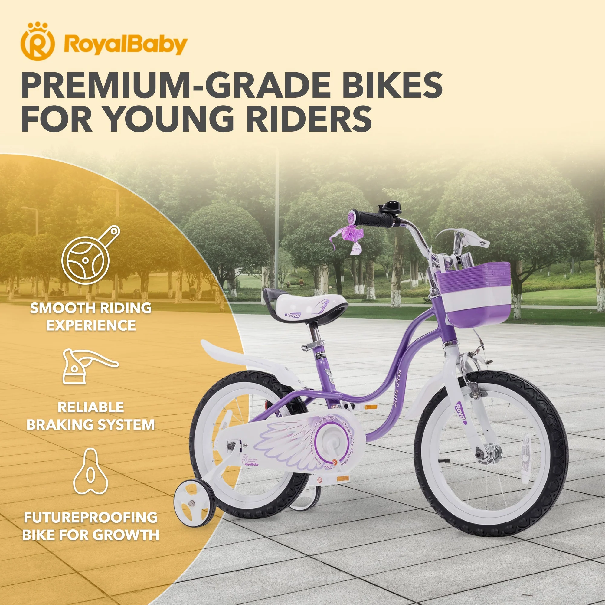 RoyalBaby Princess Girl Kids Bicycle 14 Inch with Training Wheels, Swan/Purple - Image 2