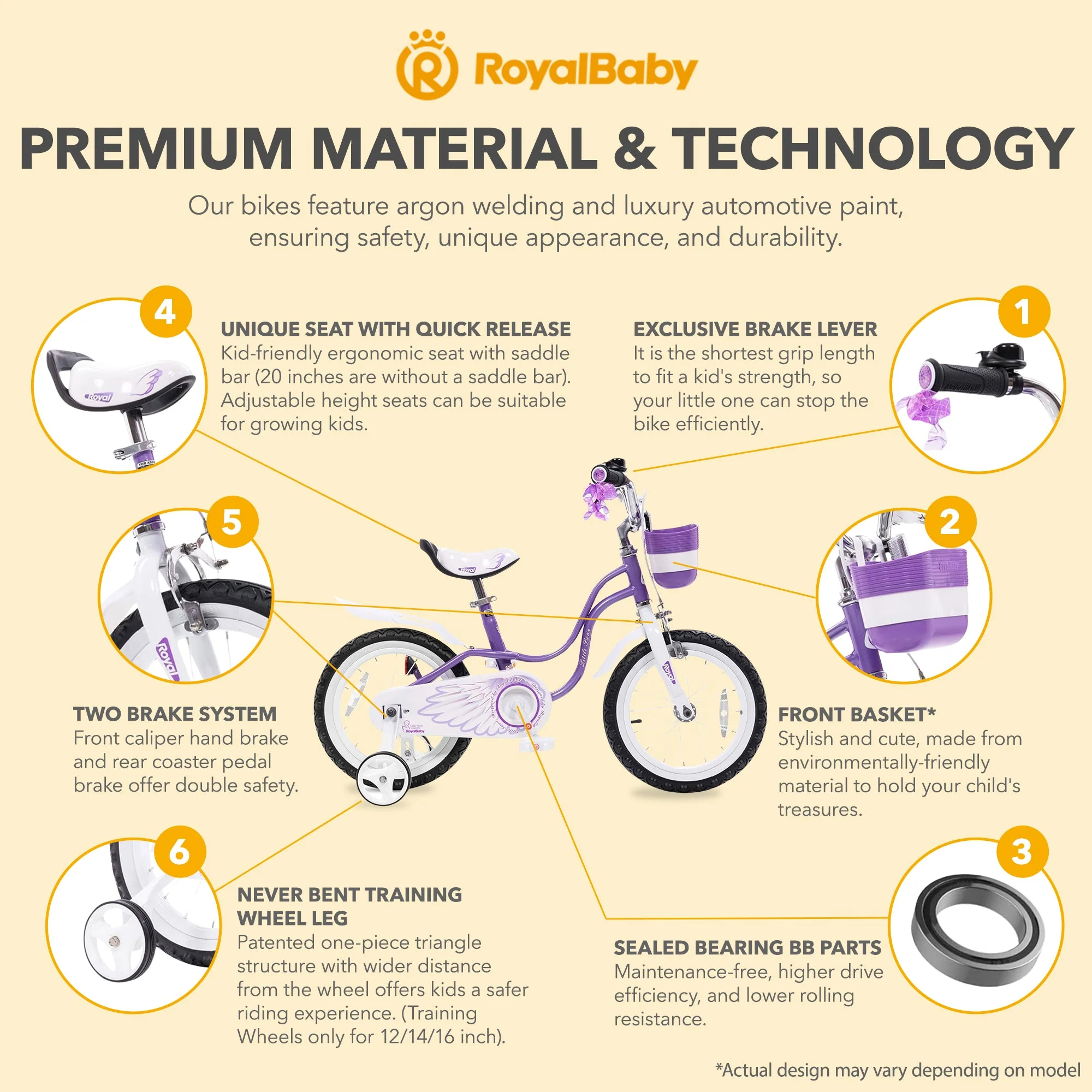 RoyalBaby Princess Girl Kids Bicycle 14 Inch with Training Wheels, Swan/Purple - Image 6