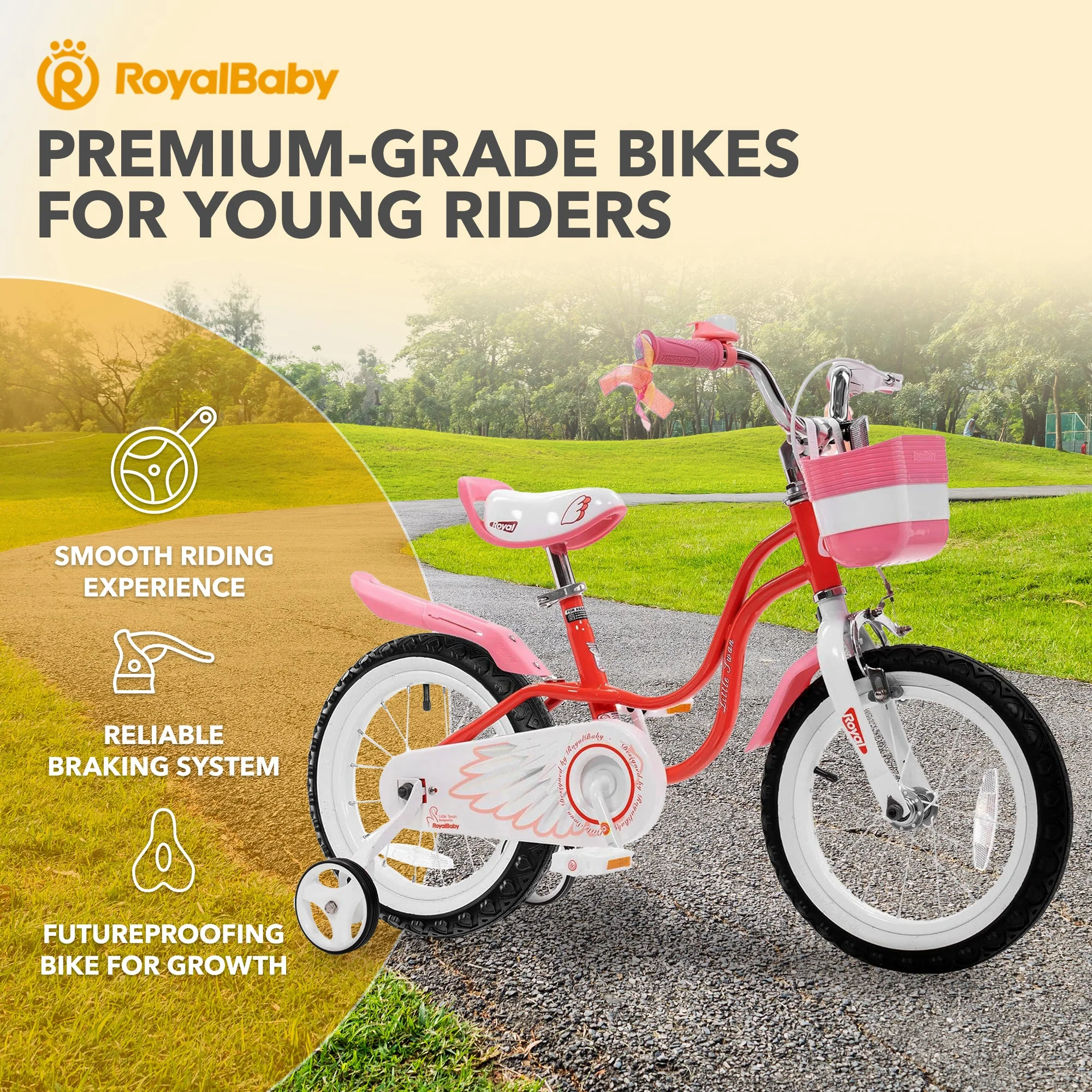 RoyalBaby Princess Girl Kids Bicycle 14 Inch with Training Wheels, Swan/Red - Image 2
